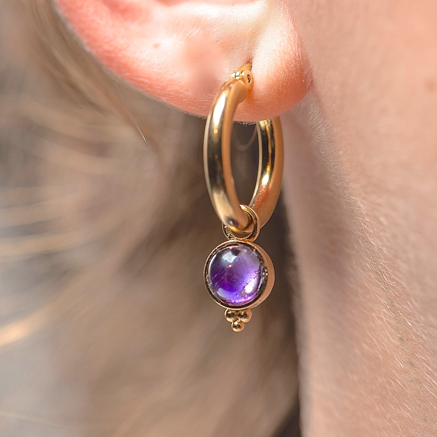 Wide 14k gold hoops with dangle stone earrings