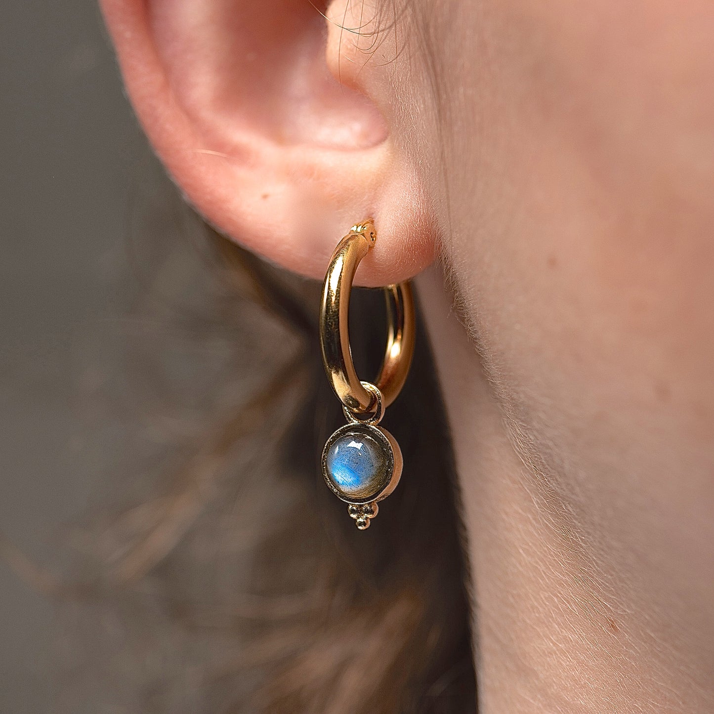 Wide 14k gold hoops with dangle stone earrings