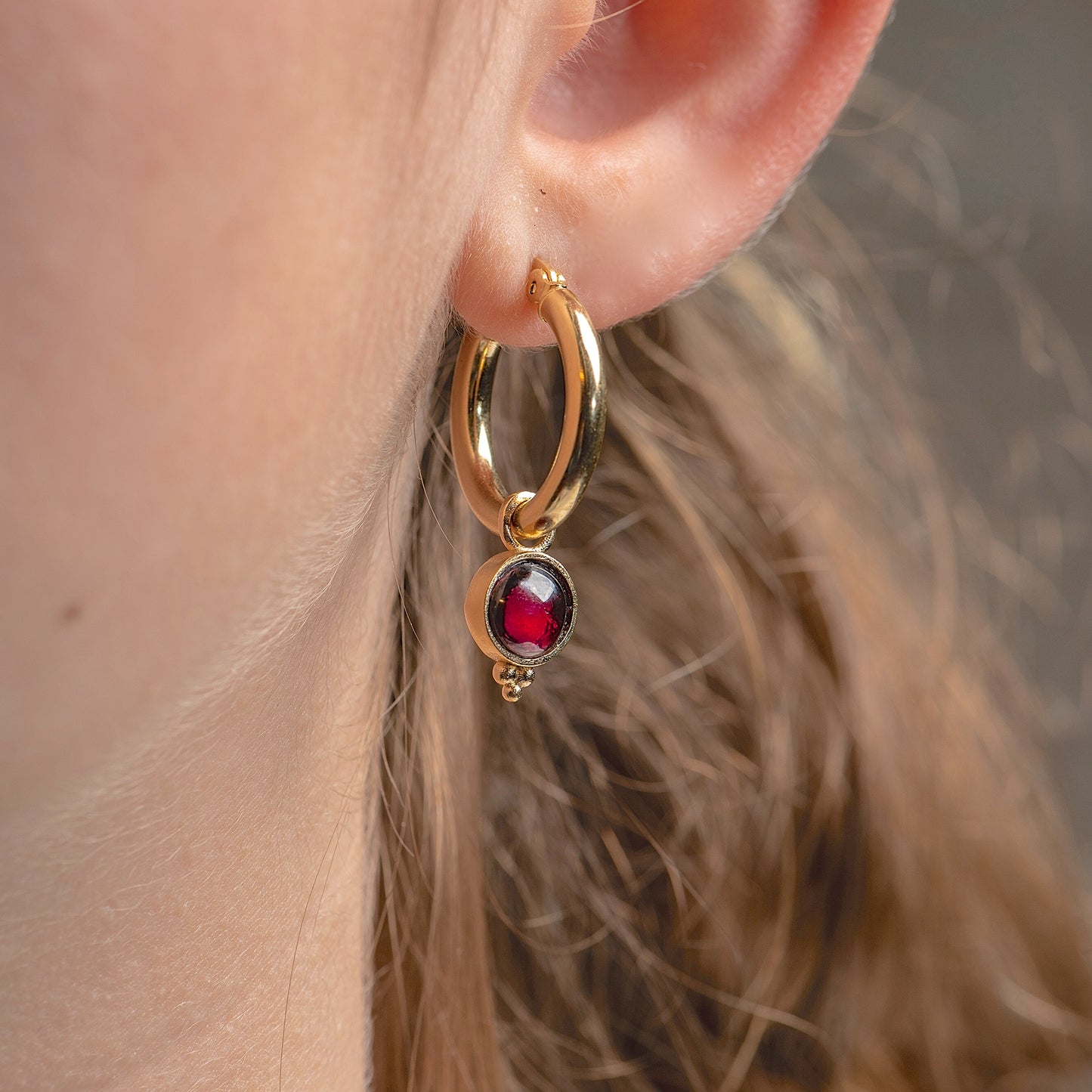 Wide 14k gold hoops with dangle stone earrings