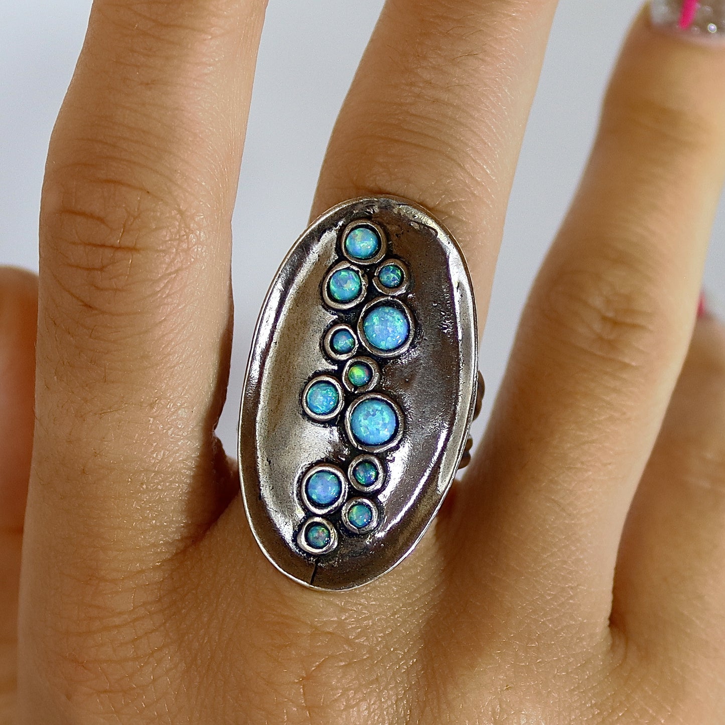 Long statement silver ring, Multi blue opal stone