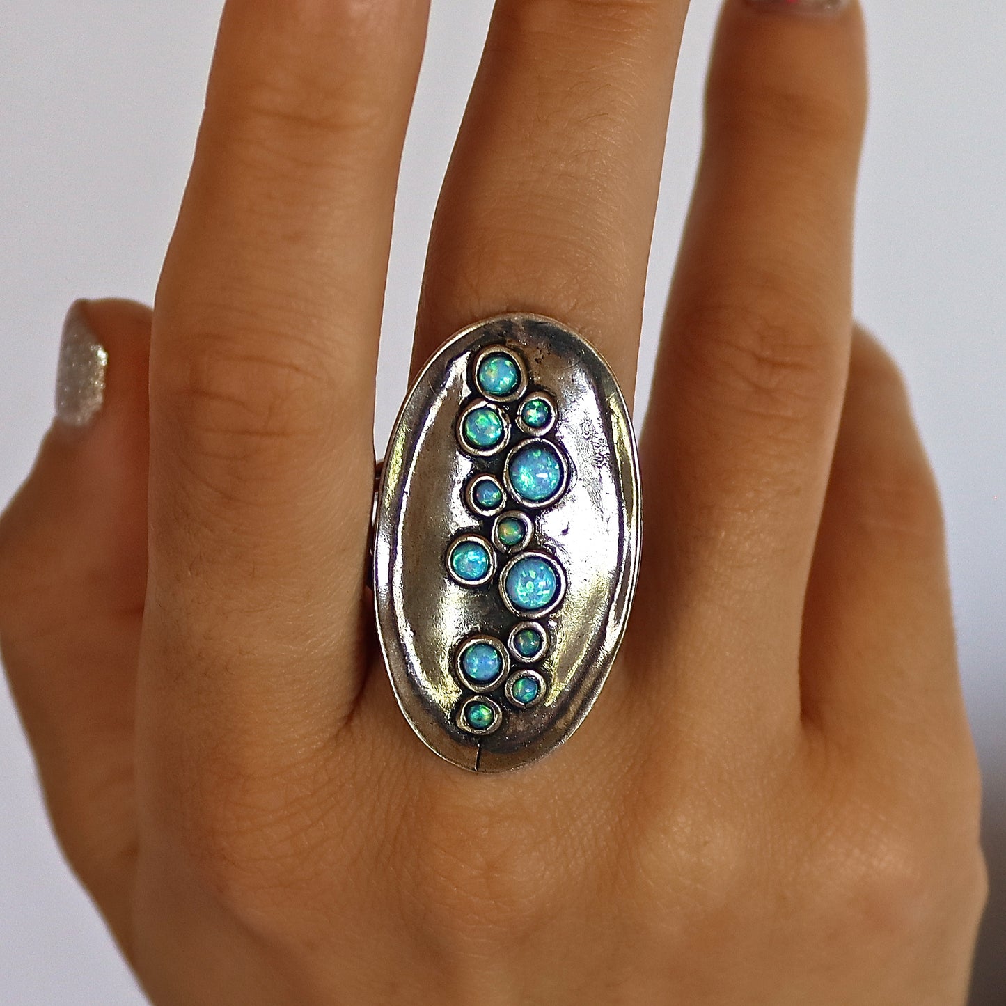 Long statement silver ring, Multi blue opal stone