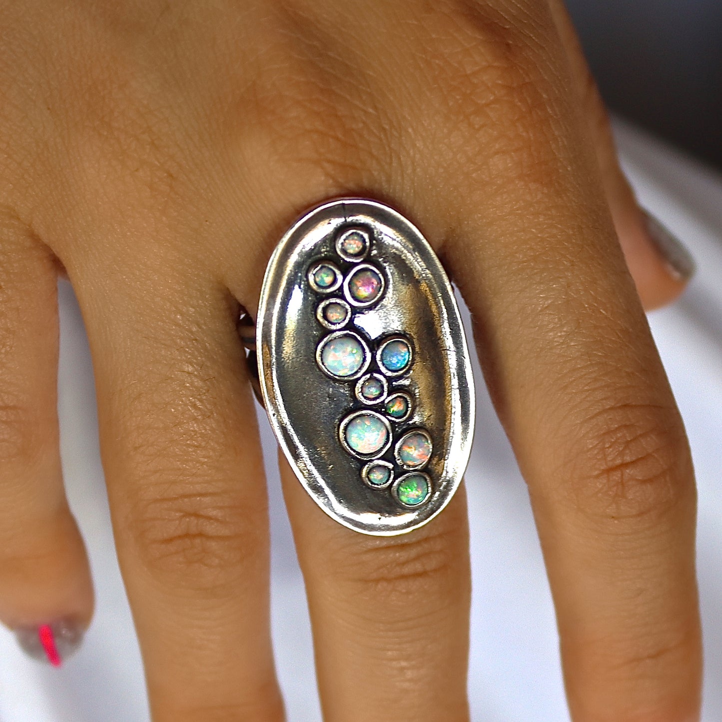 Long statement silver ring, Multi blue opal stone