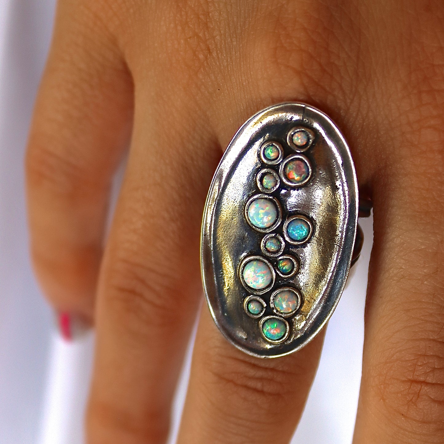 Long statement silver ring, Multi blue opal stone
