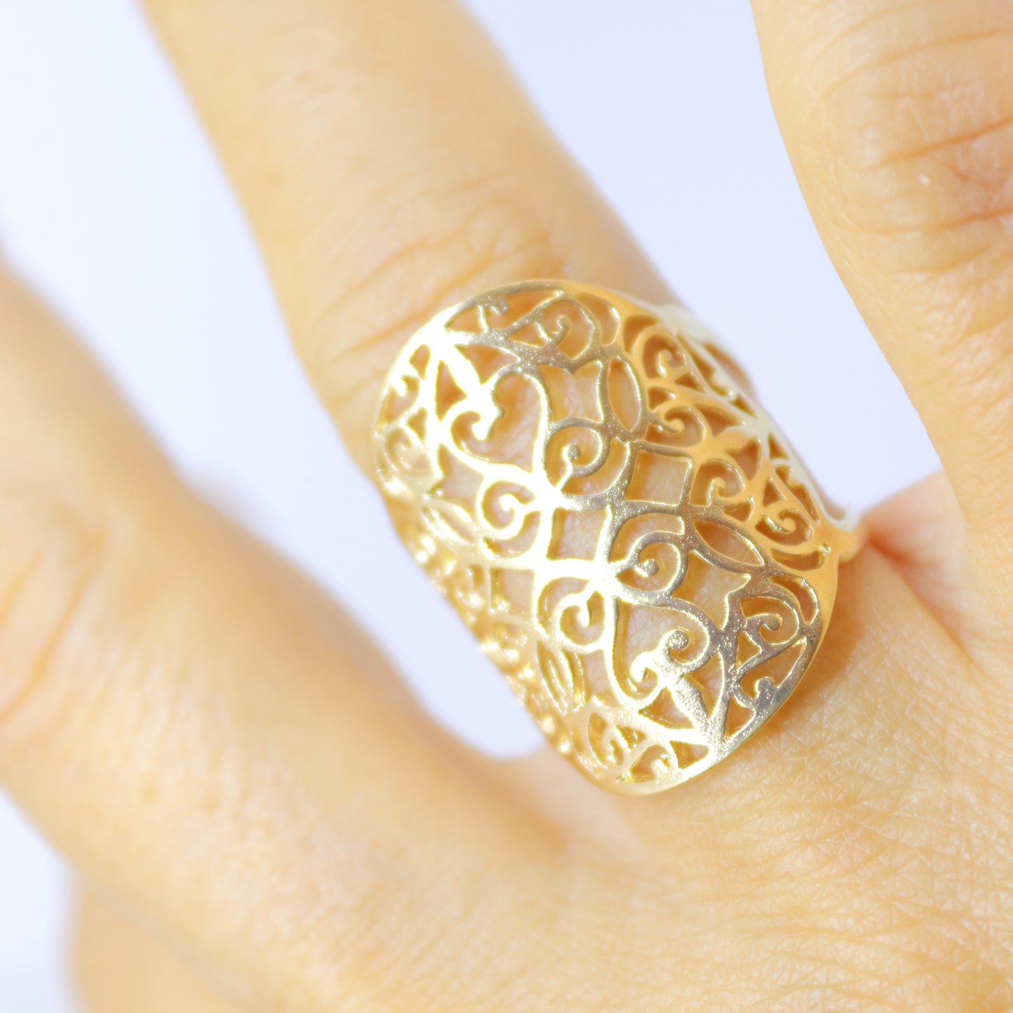 Gold long ring, Filigree 14k gold ring
