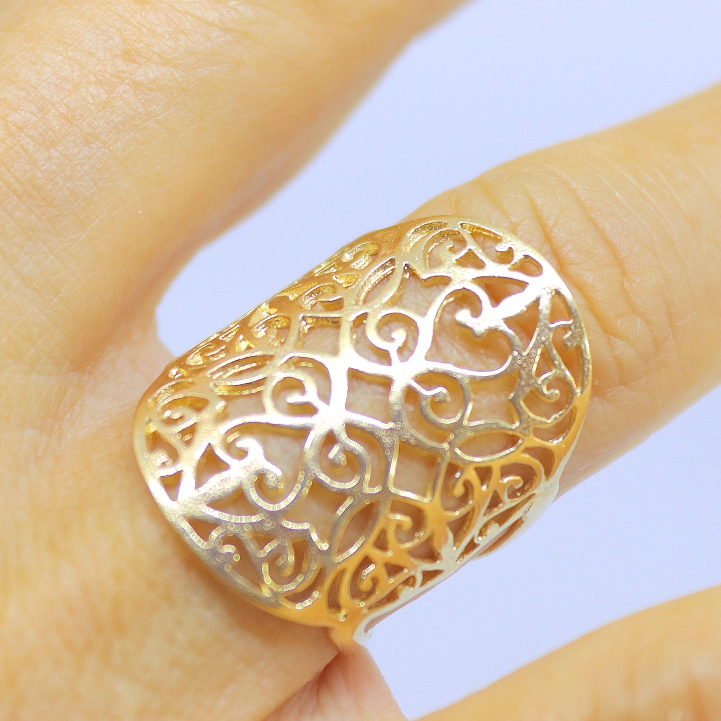 Gold long ring, Filigree 14k gold ring