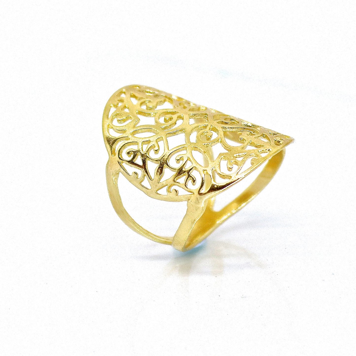 Gold long ring, Filigree 14k gold ring