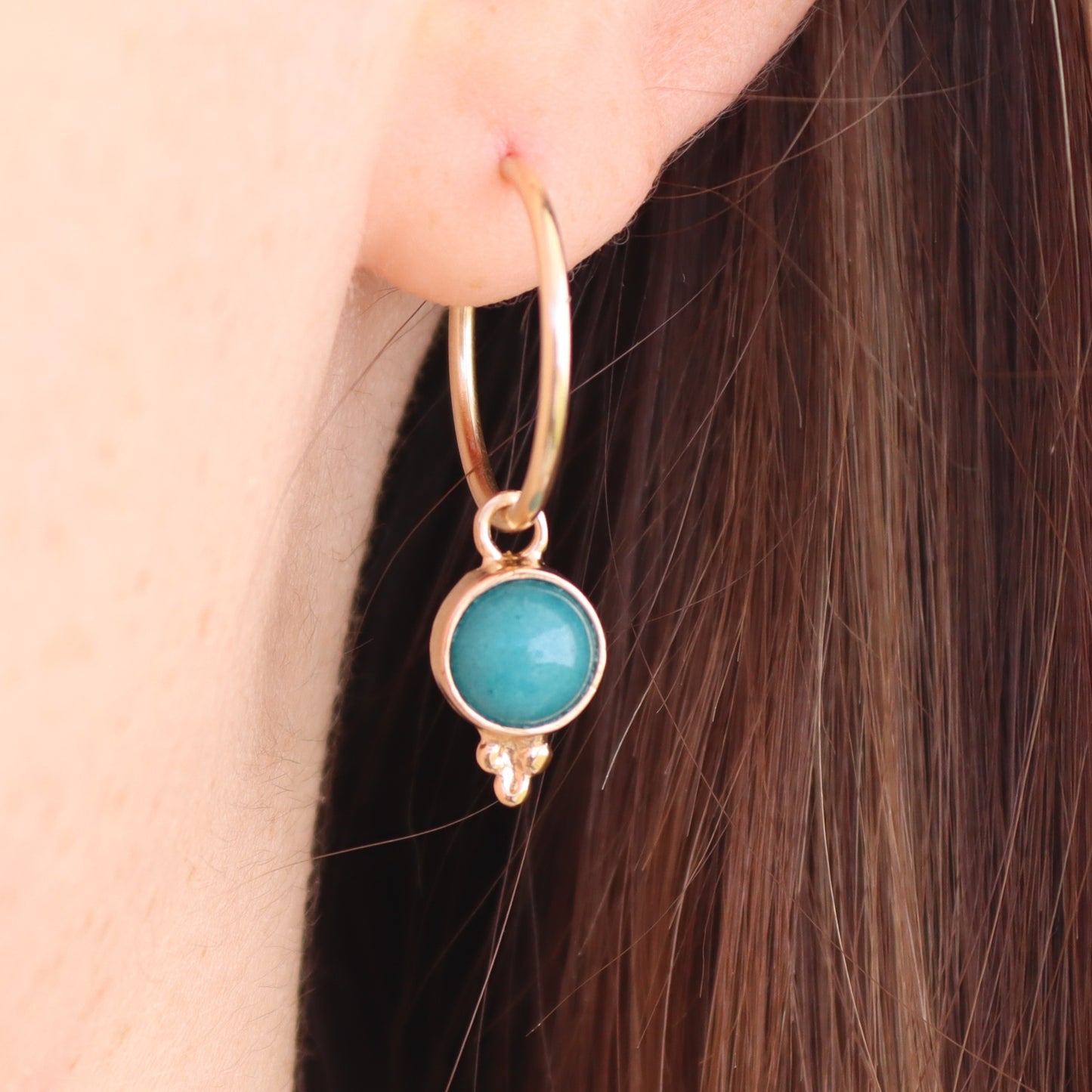 Stone hoop earrings, Gold filled dangle hoop earrings, Simple stone hoop earrings with dots