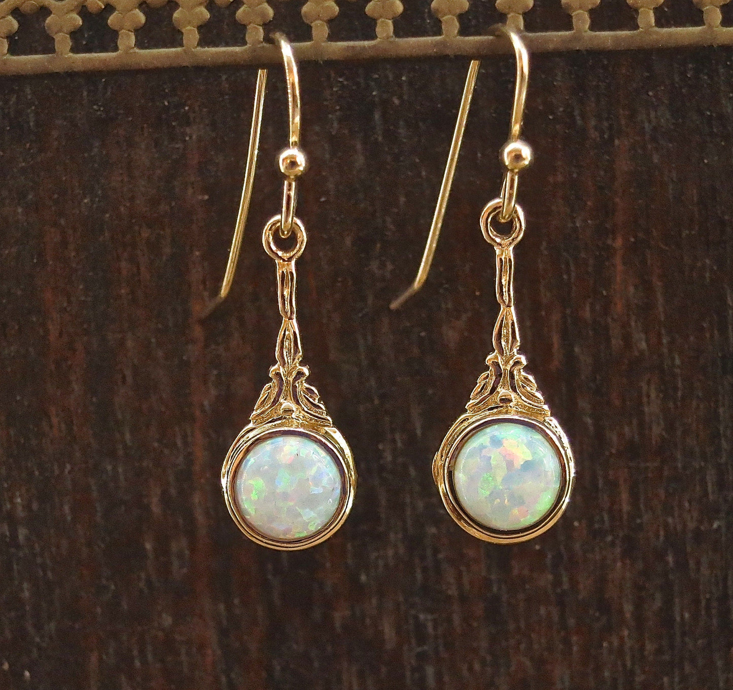 Opal 14k gold dangle Earrings, White opal earrings