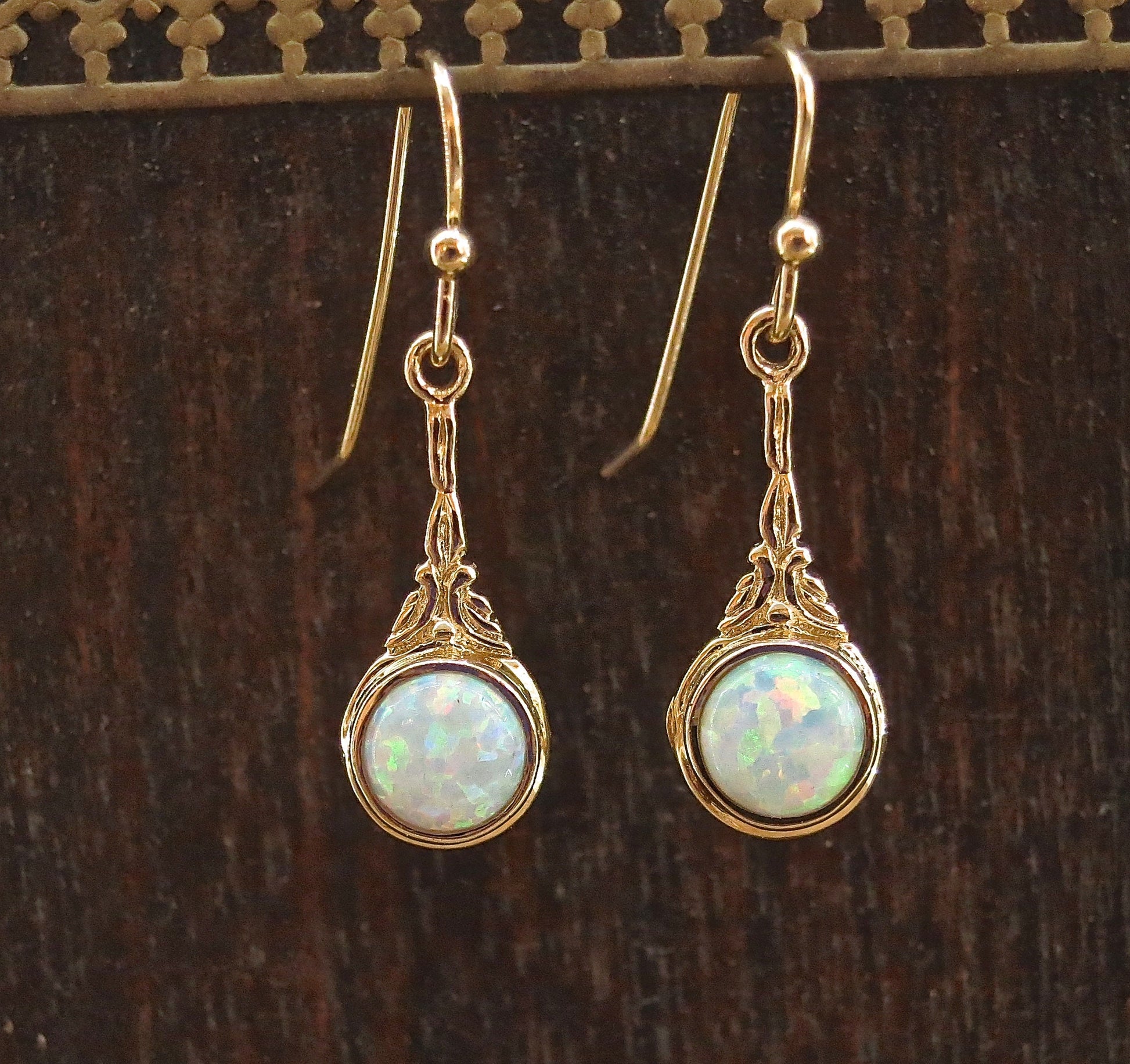 Victorian 14k gold dangle Earrings, White opal gold earrings