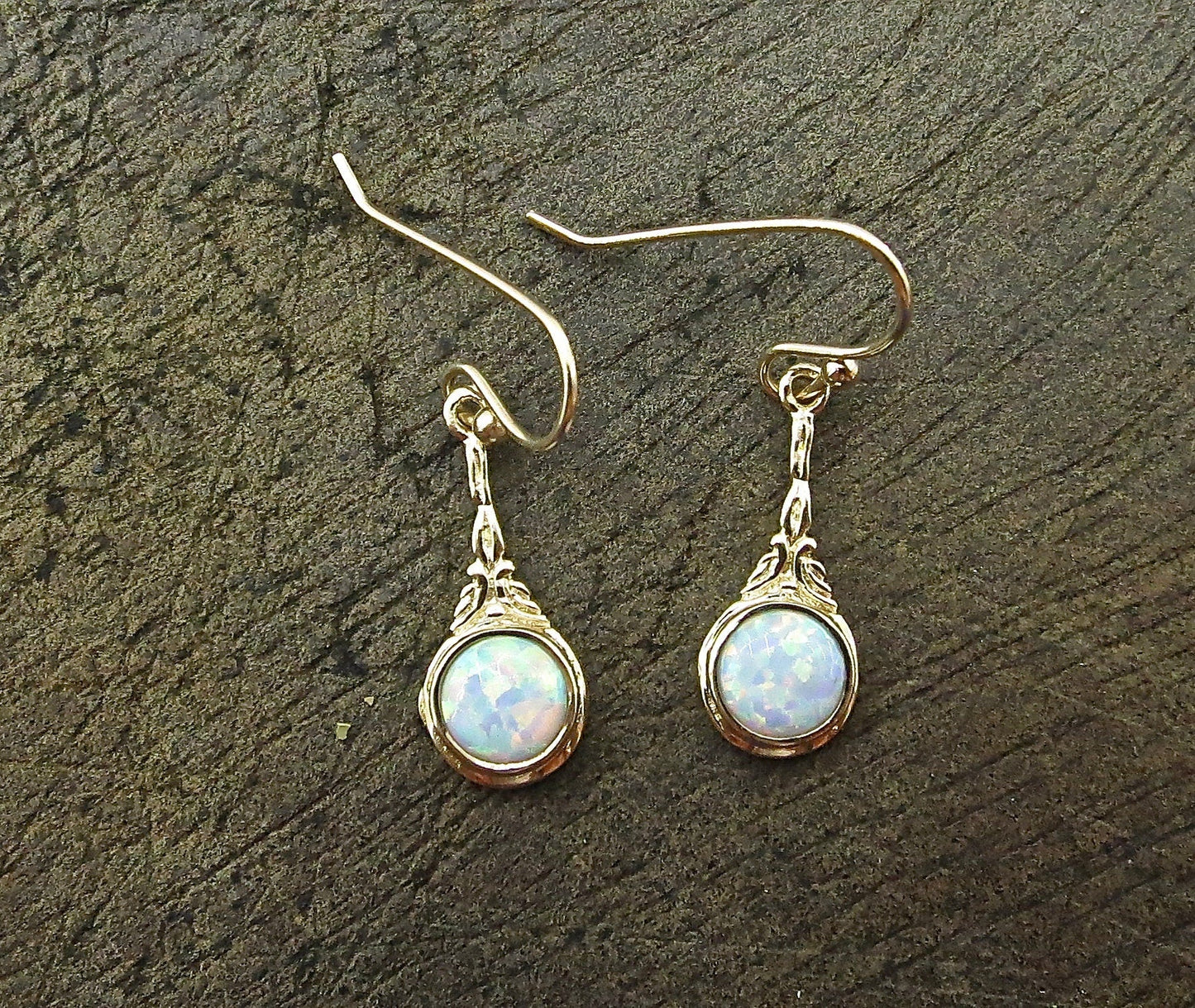Opal 14k gold dangle Earrings, White opal earrings