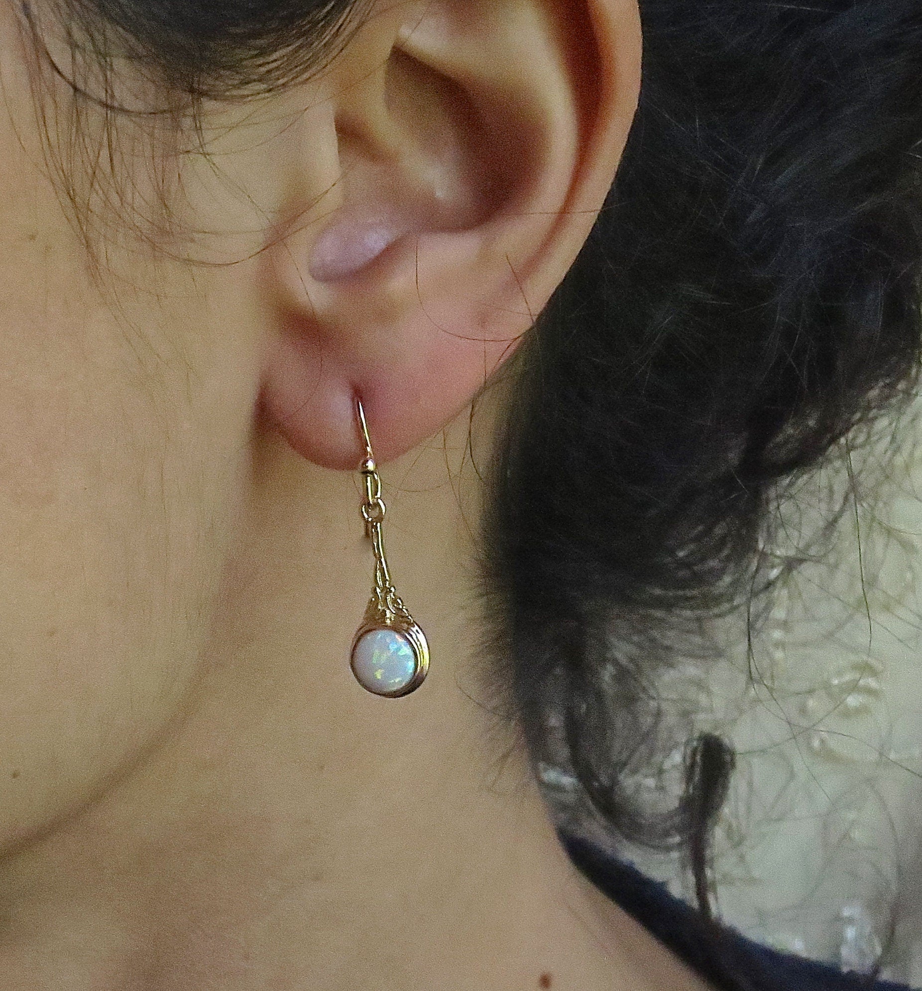 Solid 14k gold Opal earrings, White opal victorian earrings
