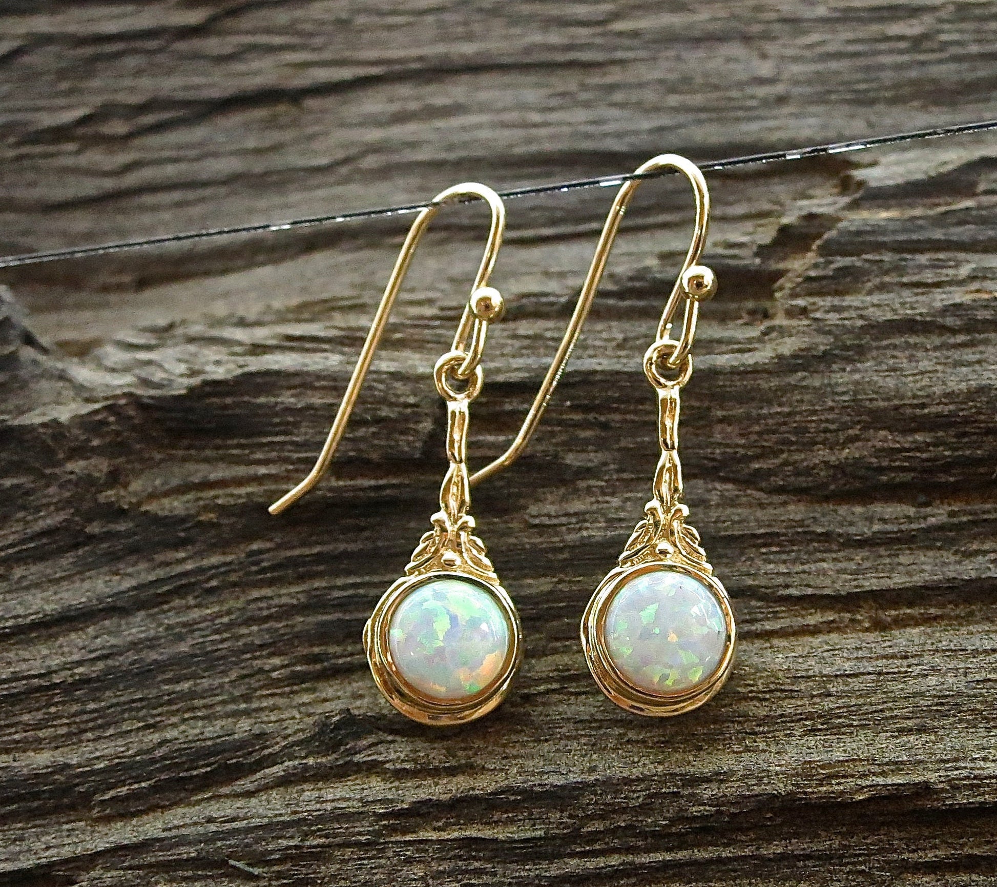 Solid 14k gold Opal earrings, White opal victorian earrings
