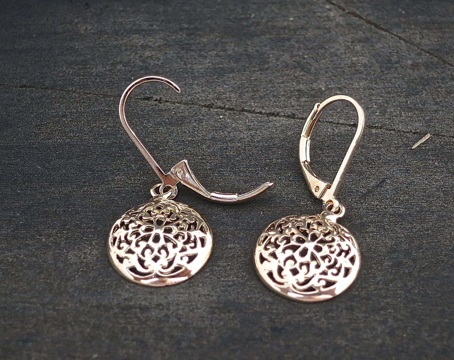 Filigree gold dangle earrings, Solid 14k gold victorian earrings