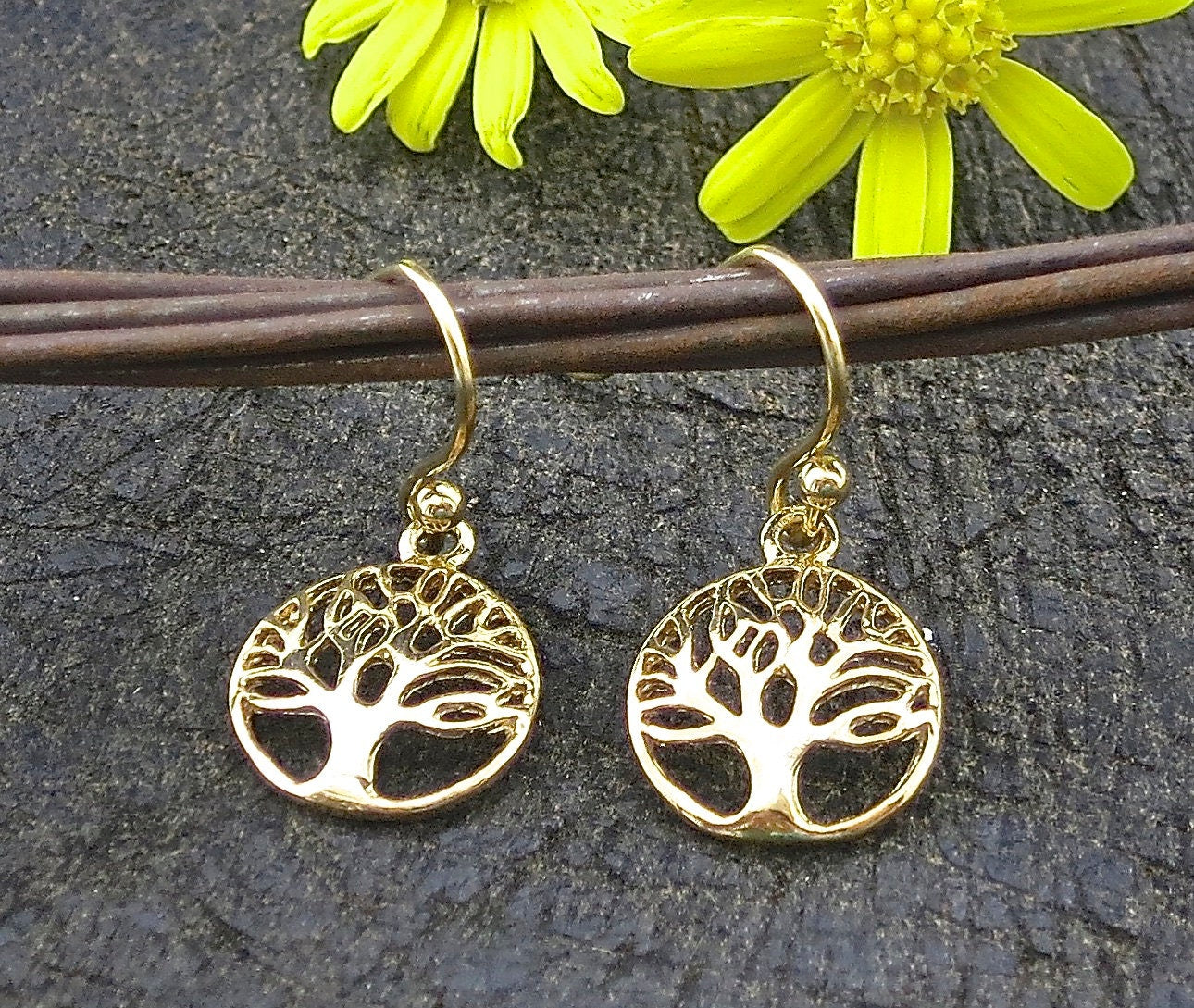 Tree of Life gold dangle Earrings, Solid 14k gold tree earrings