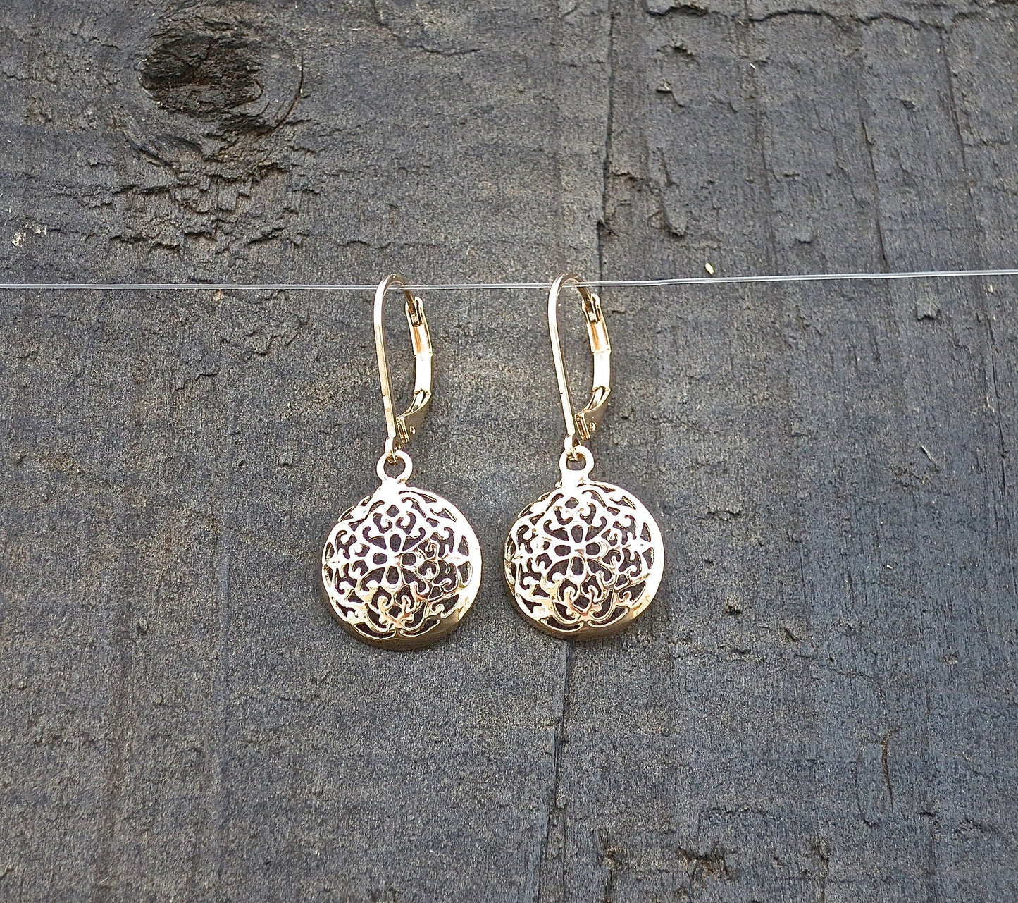 Filigree gold dangle earrings, Solid 14k gold victorian earrings