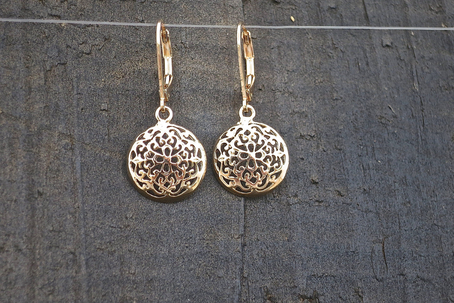Filigree gold dangle earrings, Solid 14k gold victorian earrings