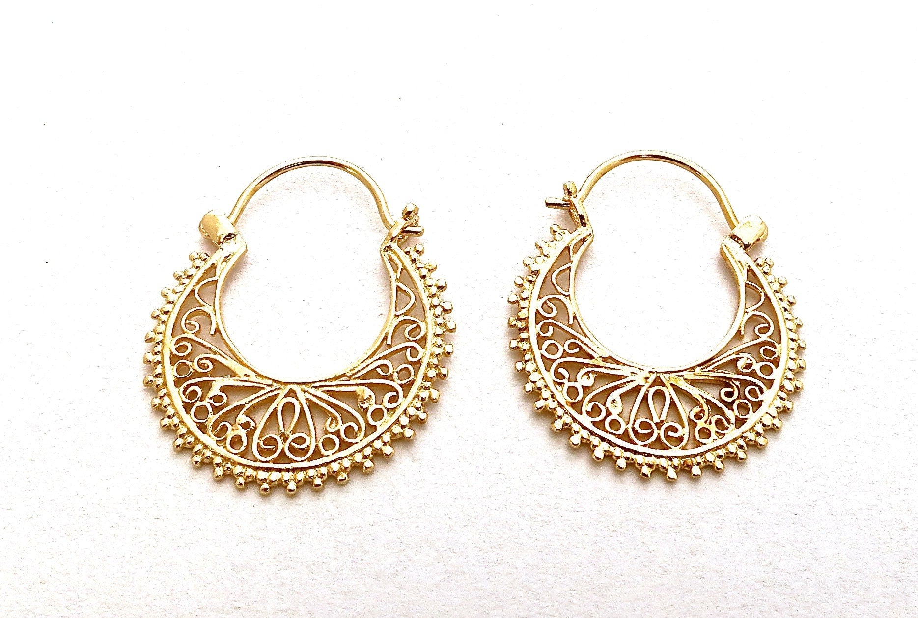 Handmade 14K Gold Floral Filigree Hoop Earrings, Statement Jewelry Gift for Her