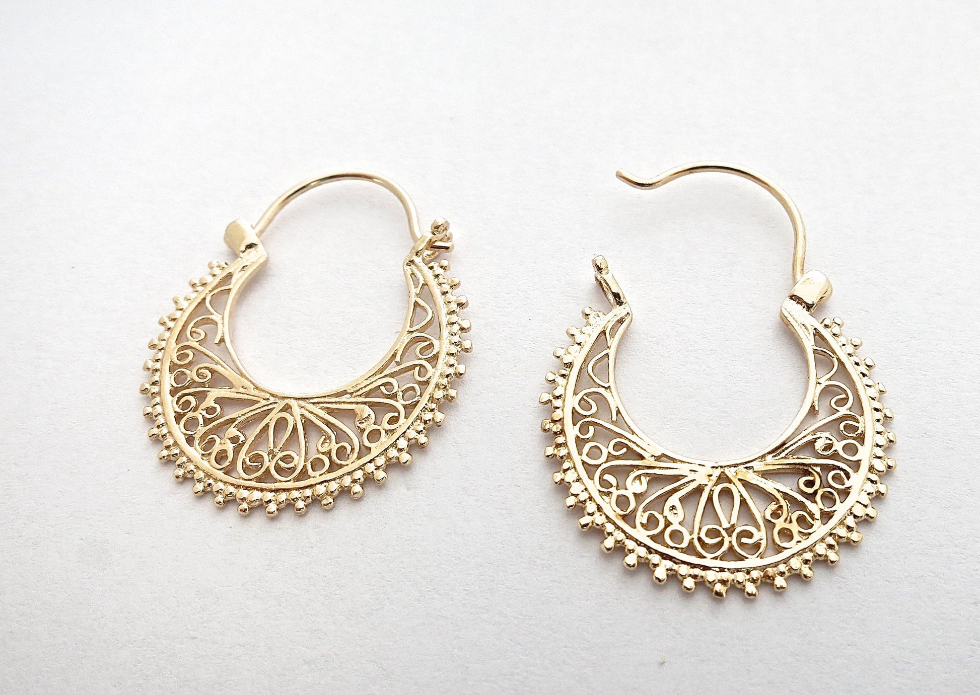 Handmade 14K Gold Floral Filigree Hoop Earrings, Statement Jewelry Gift for Her