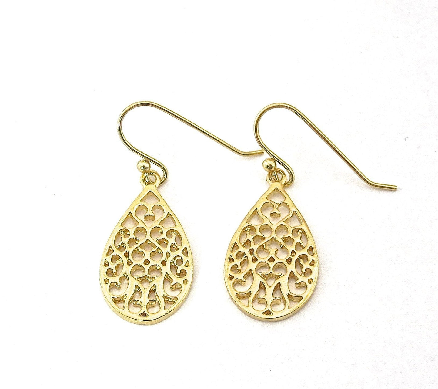 Solid 14k gold dangle earrings, Drop filigree gold earrings
