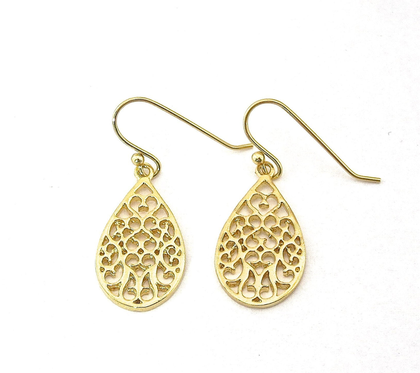 Filigree 14k solid gold dangle earrings, Teardrop 14k gold lever back Earrings
