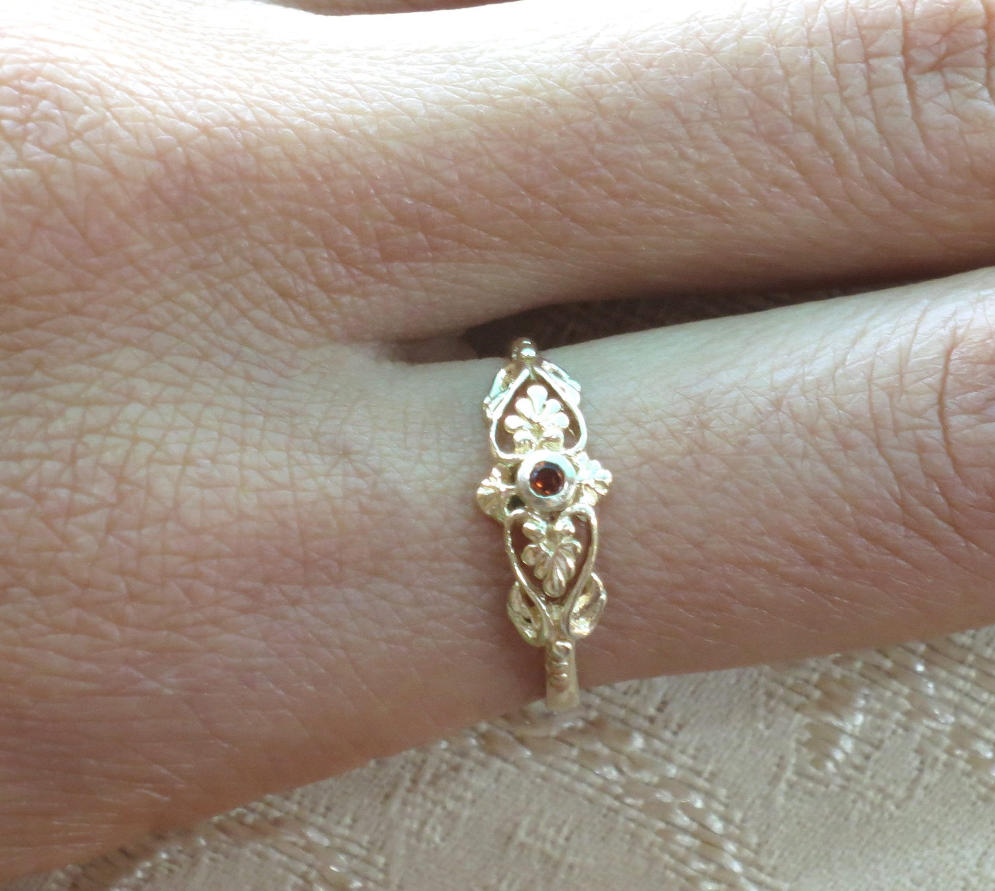 Garnet gold ring, Solid 14k gold victorian ring band