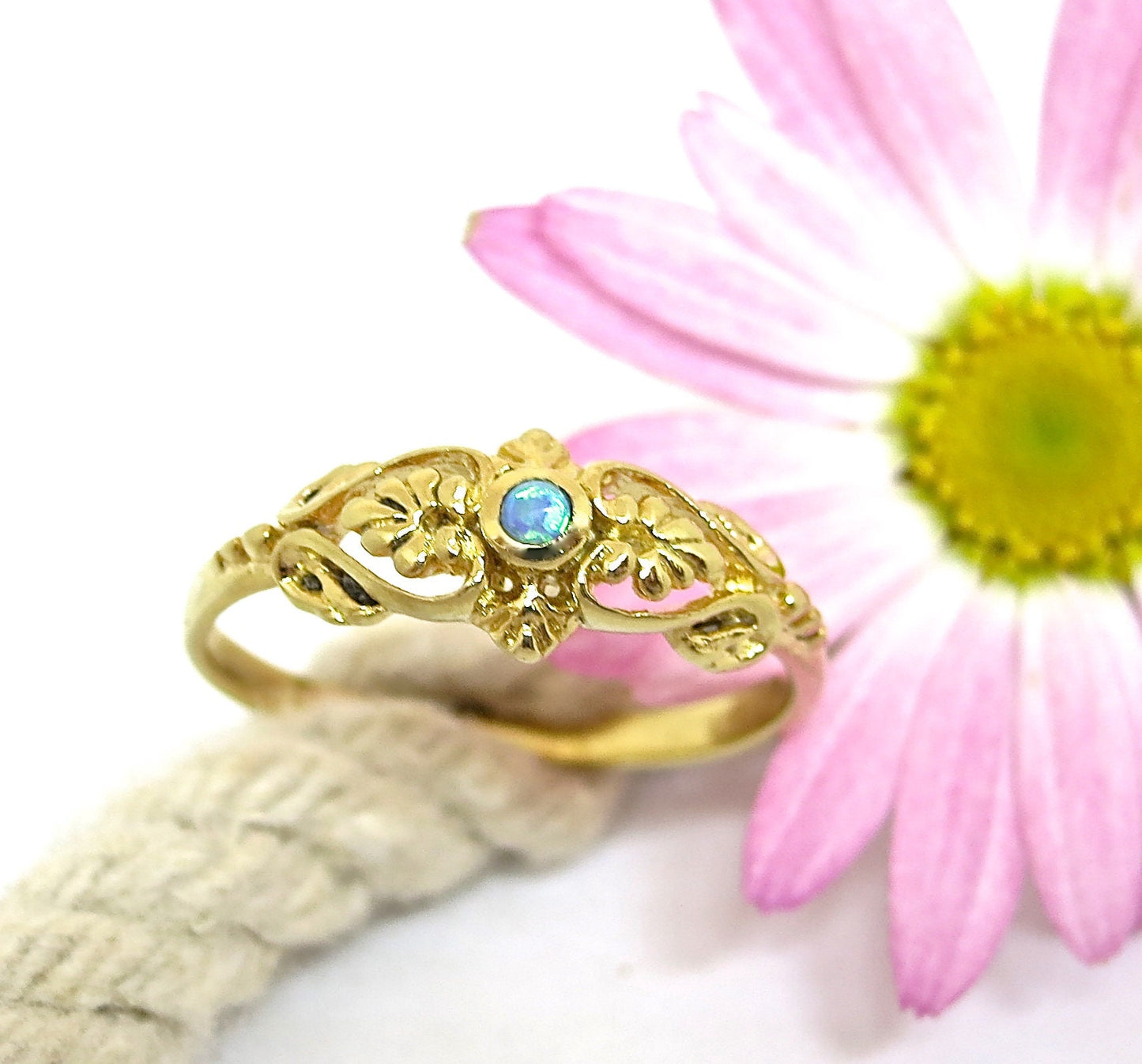 Opal victorian 14k gold ring, Blue opal solid 14k gold ring