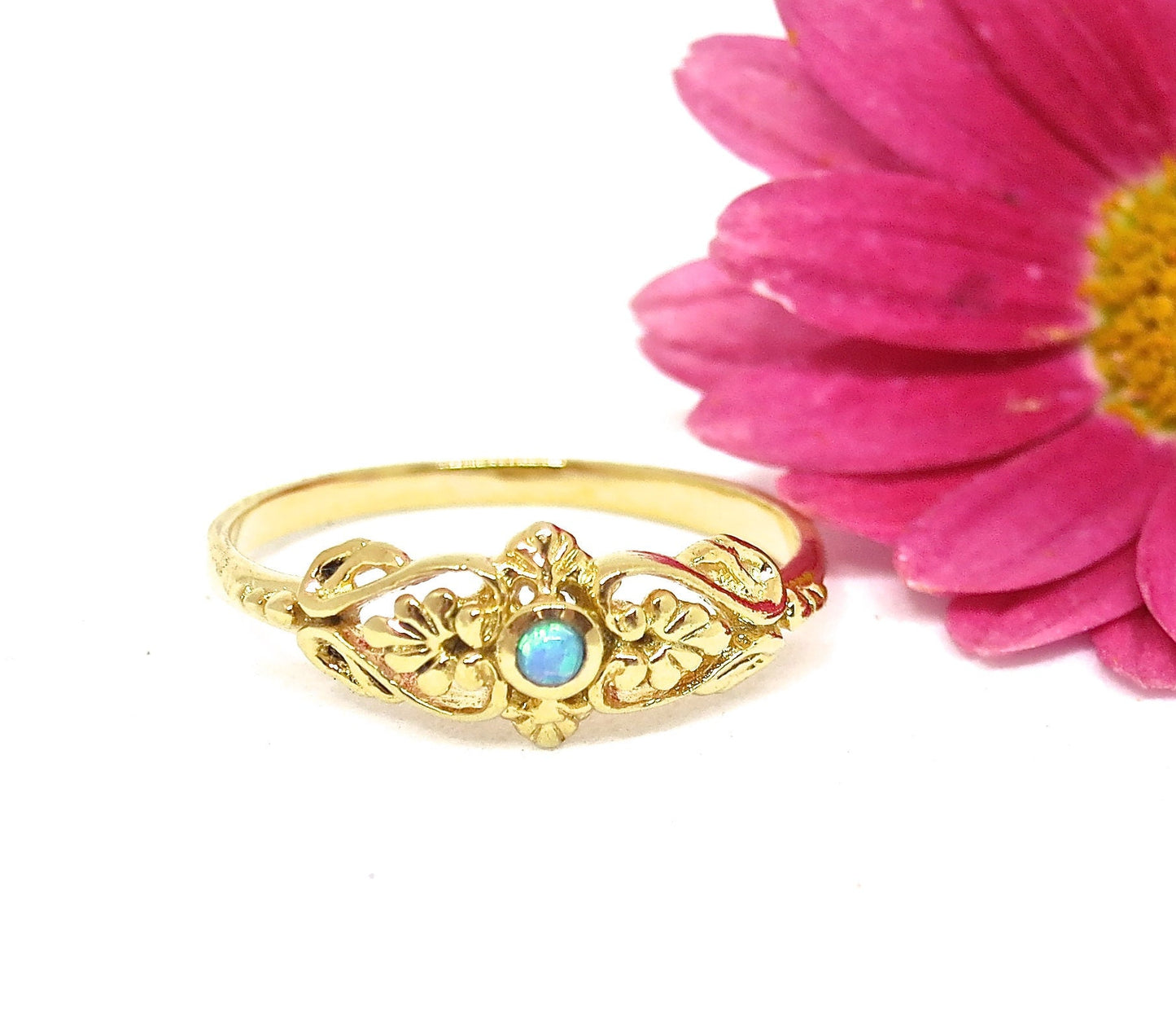 Opal victorian 14k gold ring, Blue opal solid 14k gold ring