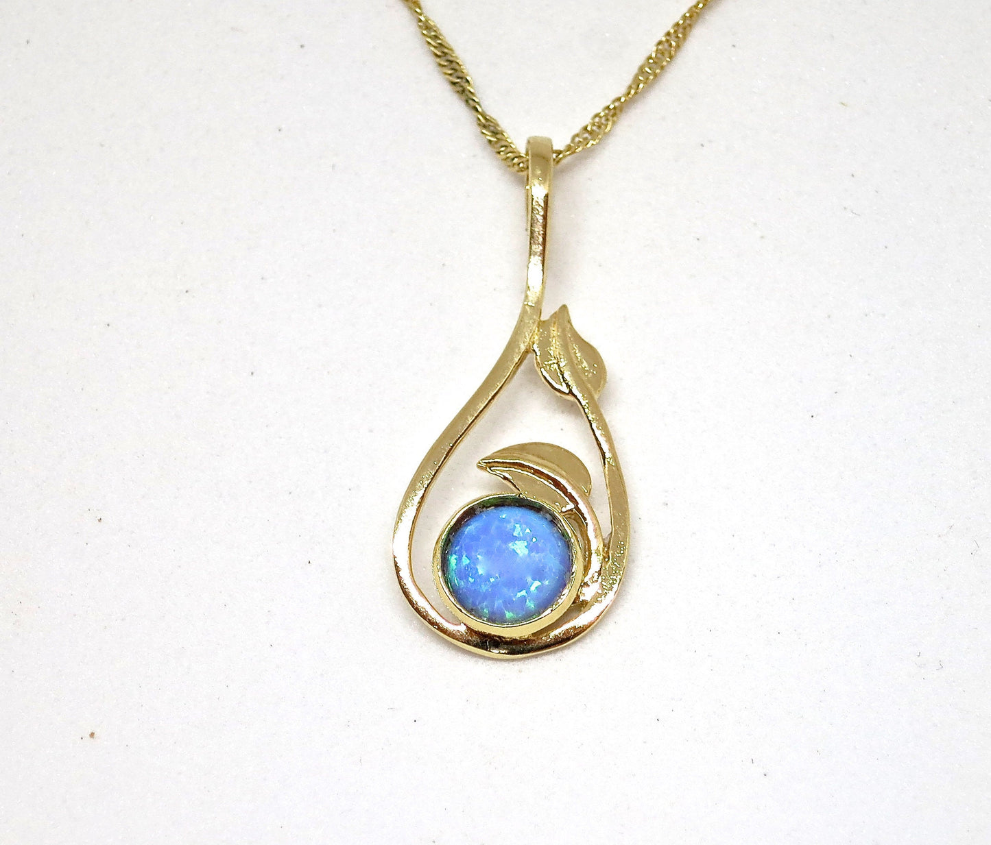 Solid 14k Gold Opal Necklace for women, Unique real gold Blue opal Pendant necklace with Leaves