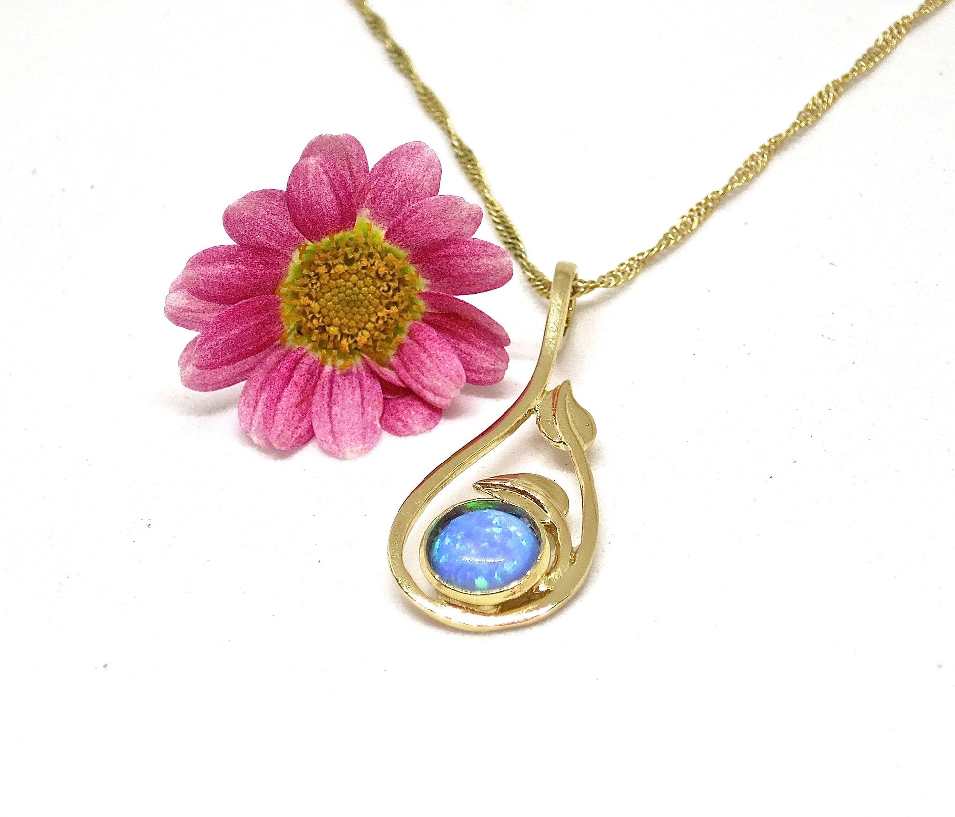 Solid 14k Gold Opal Necklace for women, Unique real gold Blue opal Pendant necklace with Leaves