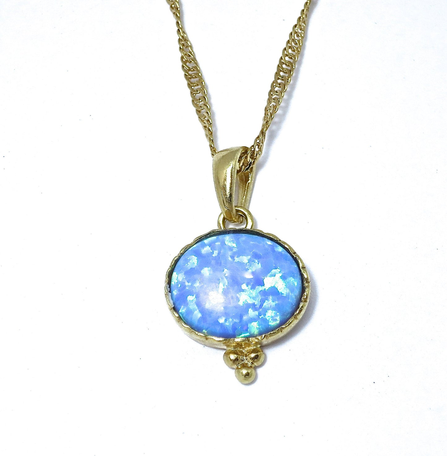 Opal Solid 14k gold necklace pendant, Blue Opal oval pendant