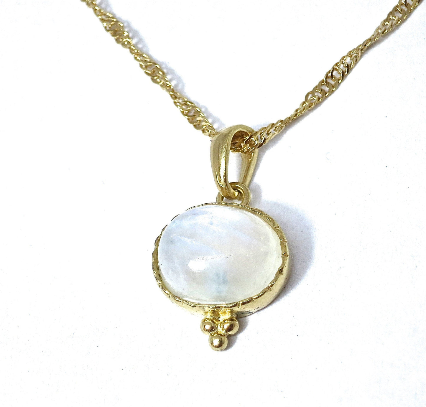 Moonstone gold pendant necklace, Rainbow moonstone pendant