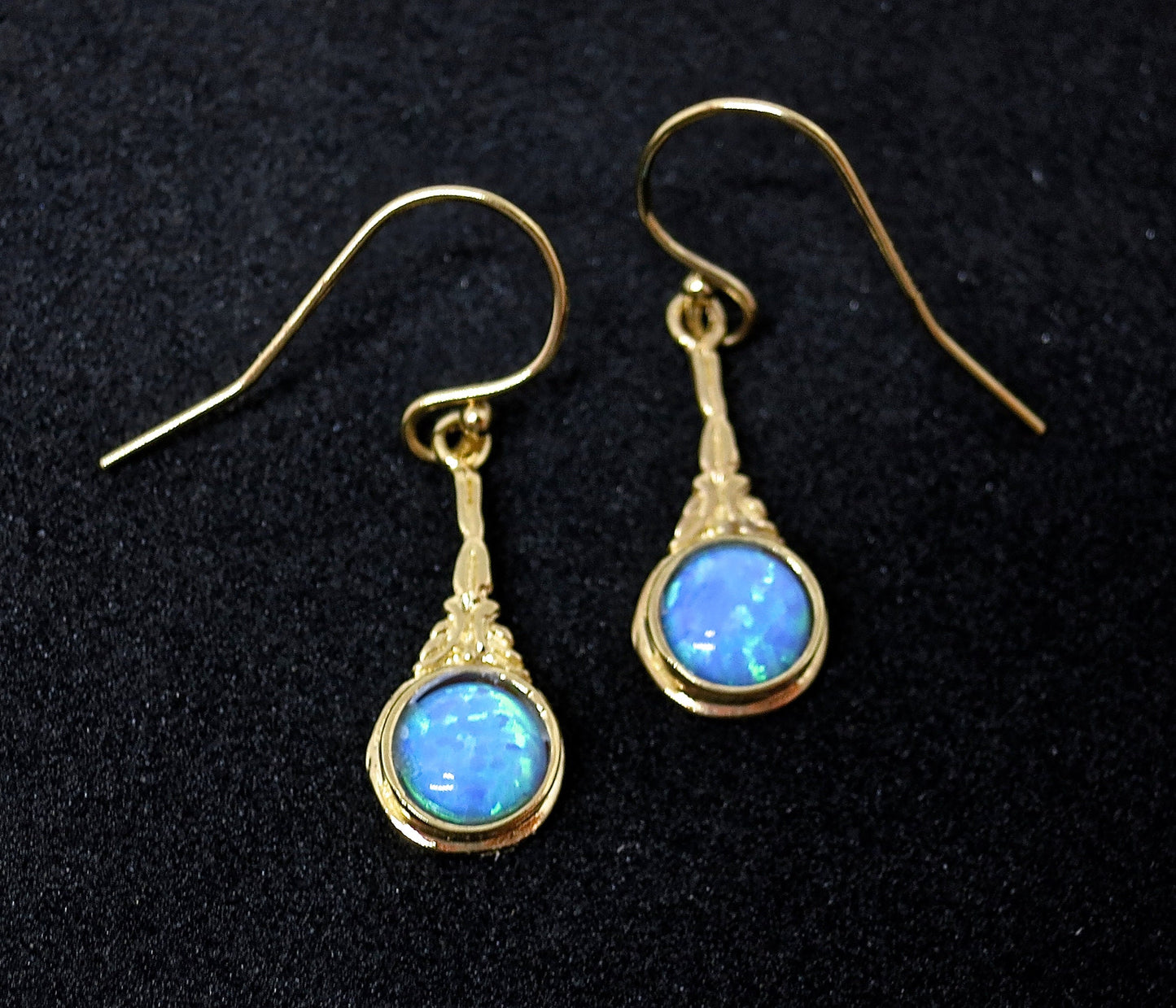 Opal 14k solid gold dangle earrings victorian style, Blue opal earrings