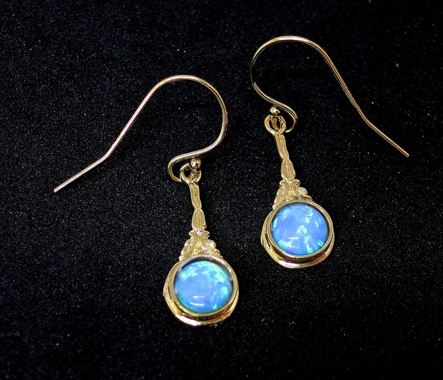 Opal 14k solid gold dangle earrings victorian style, Blue opal earrings