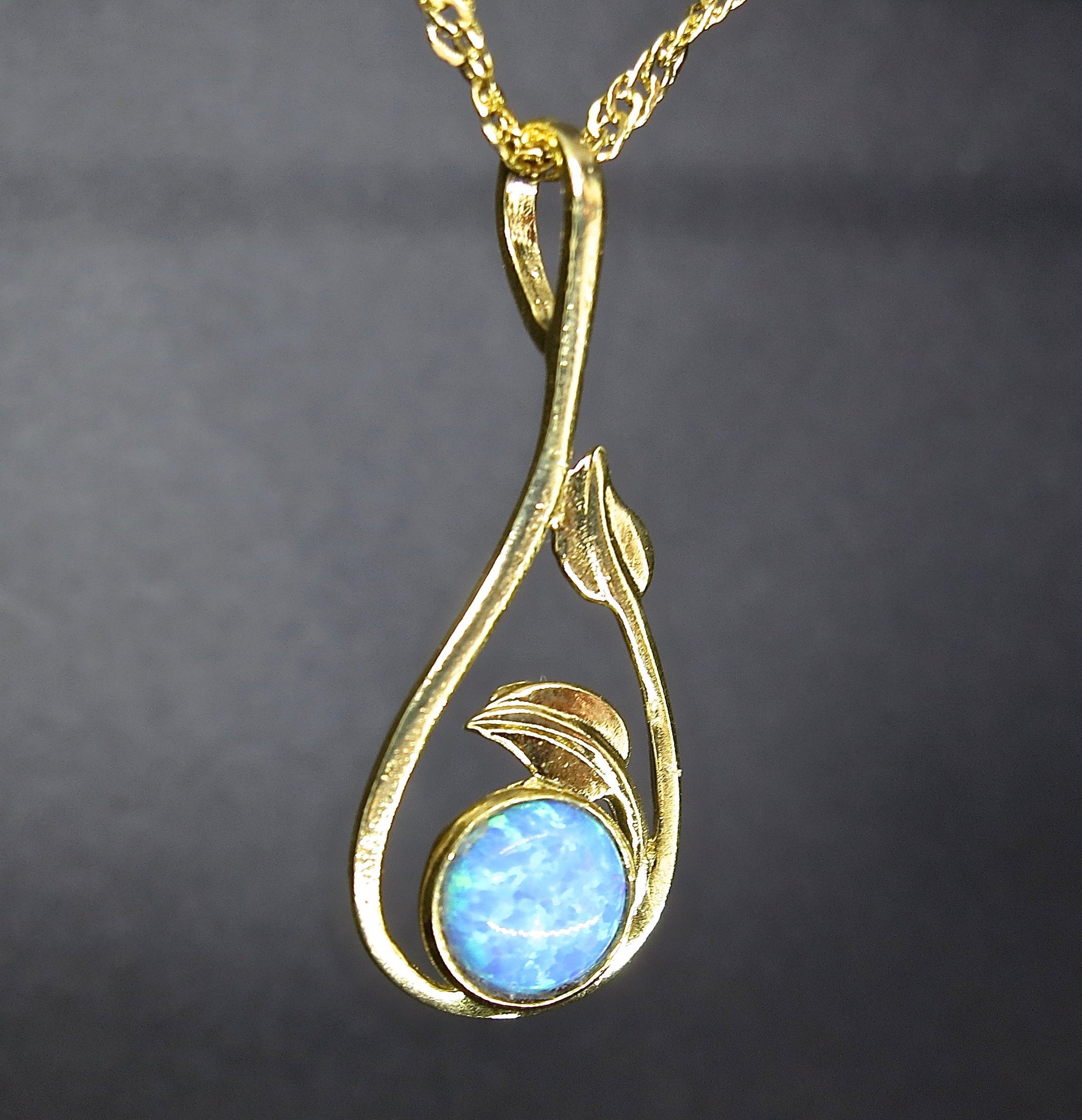 Solid 14k Gold Opal Necklace for women, Unique real gold Blue opal Pendant necklace with Leaves