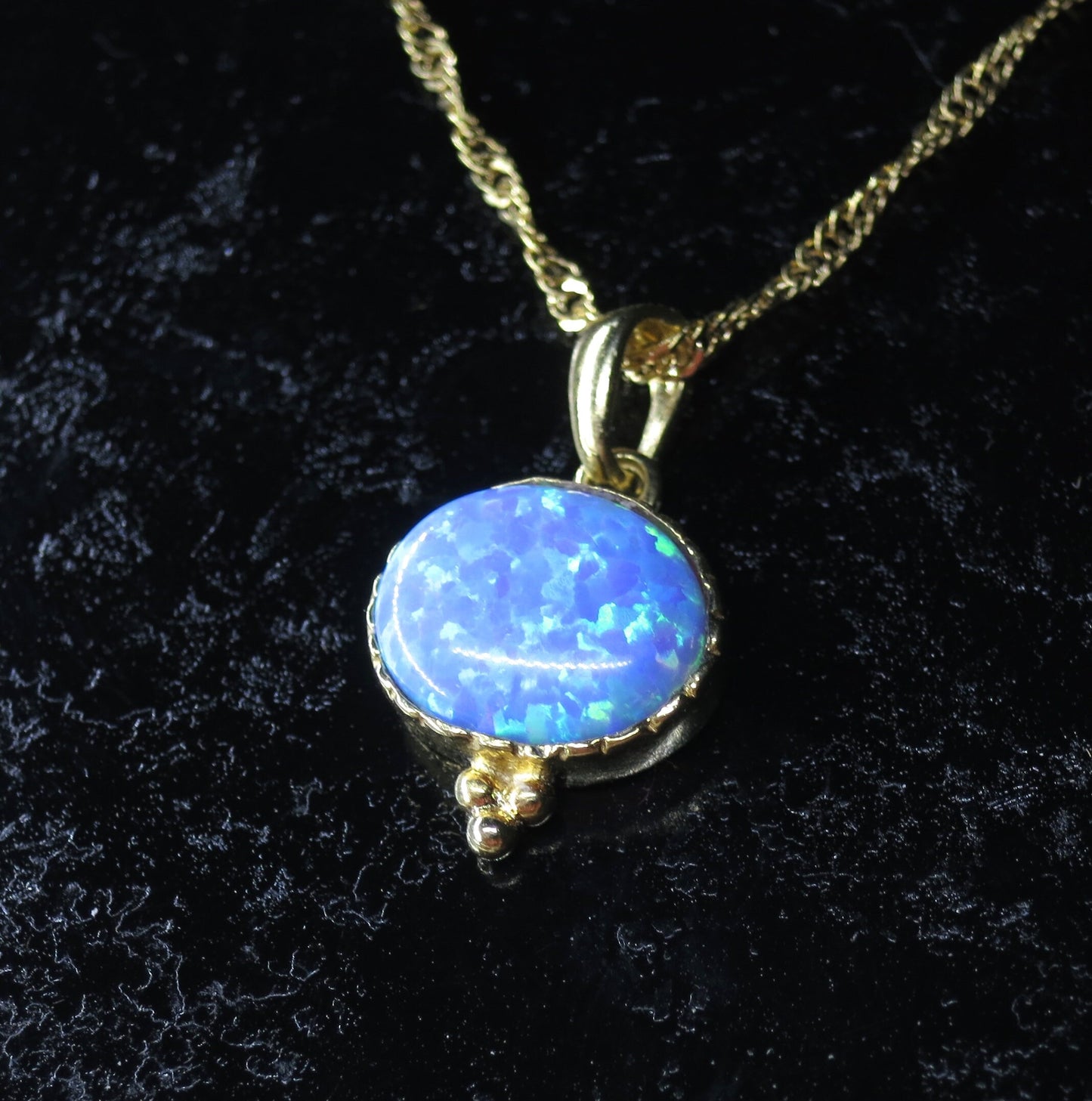 Opal Solid 14k gold necklace pendant, Blue Opal oval pendant