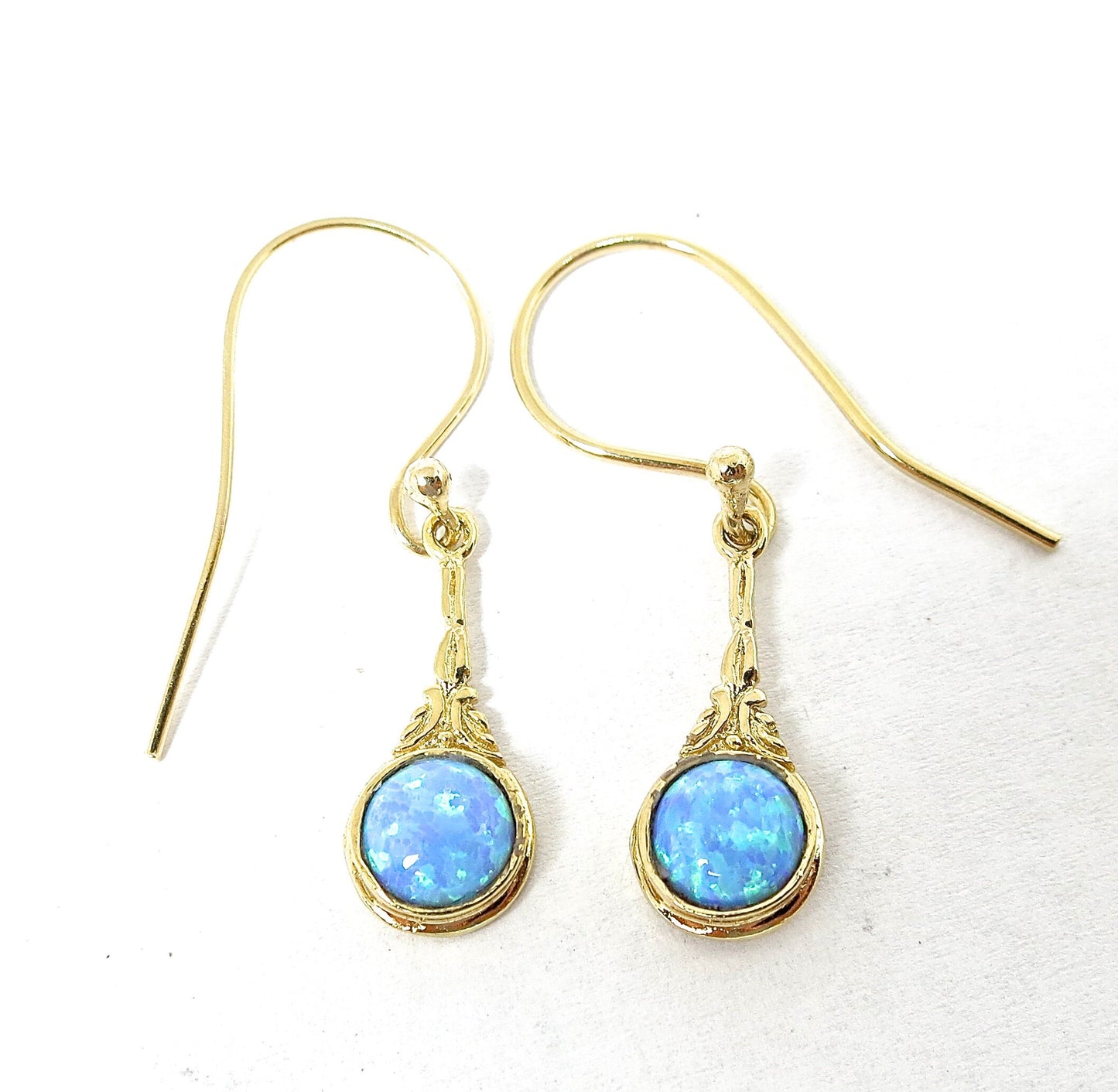 Opal 14k solid gold dangle earrings victorian style, Blue opal earrings