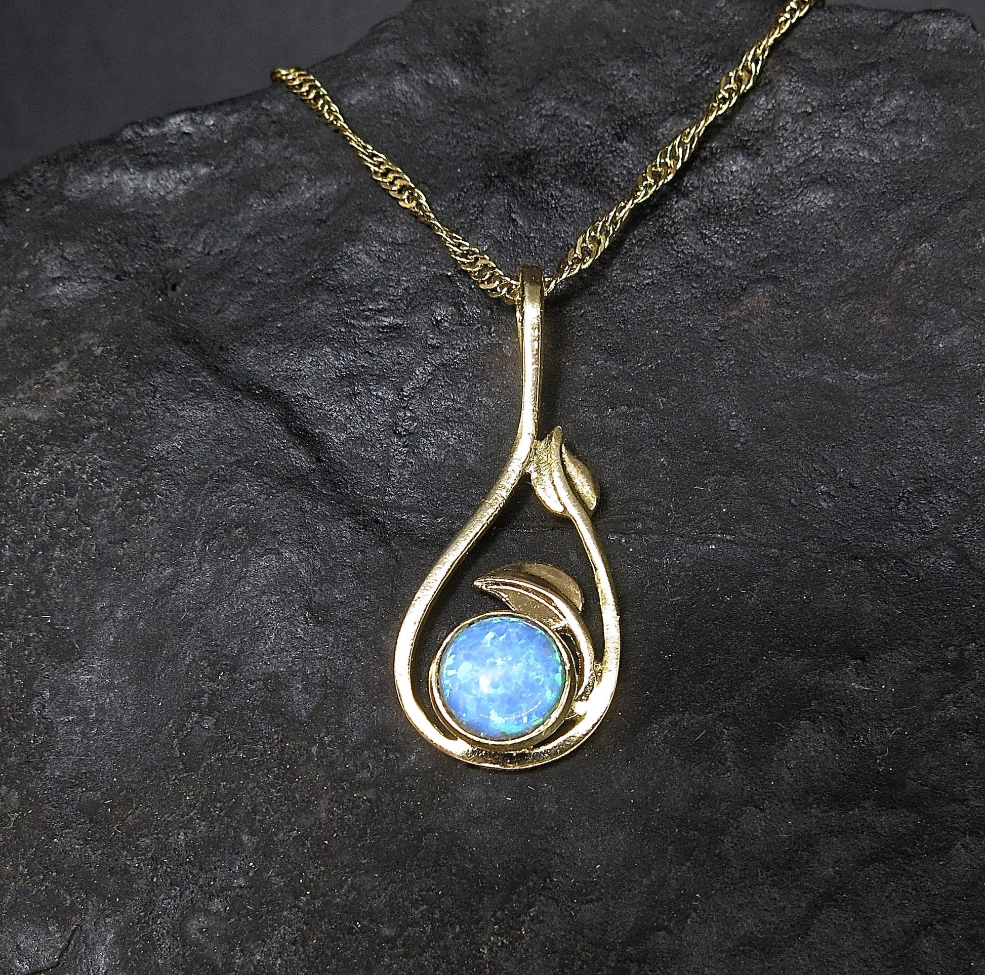 Solid 14k Gold Opal Necklace for women, Unique real gold Blue opal Pendant necklace with Leaves