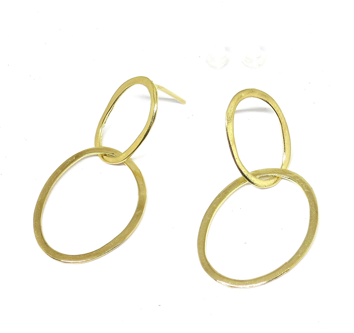 Solid gold 14K double hoop dangle earrings, Stud linked earring