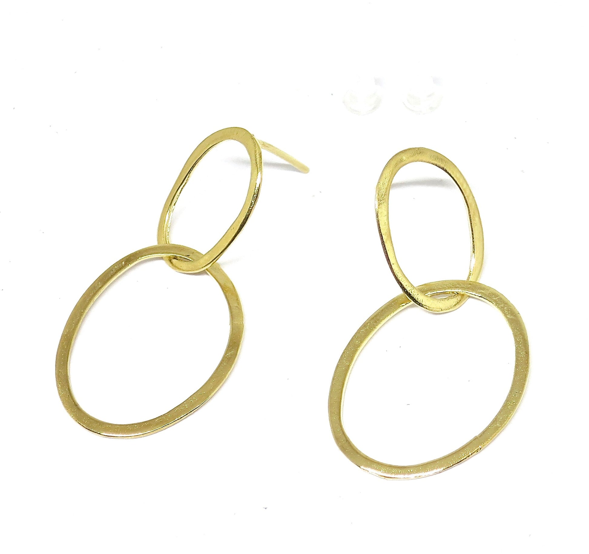 Solid gold 14K double hoop dangle earrings, Stud linked earring