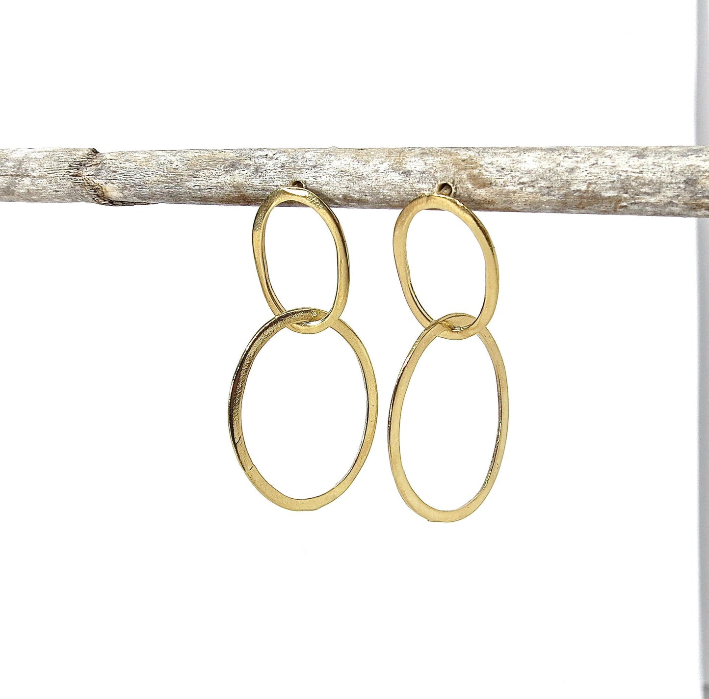Solid gold 14K double hoop dangle earrings, Stud linked earring
