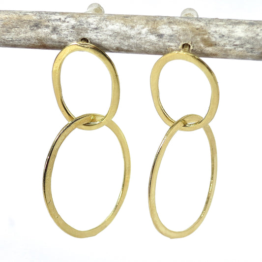 Solid gold 14K double hoop dangle earrings, Stud linked earring