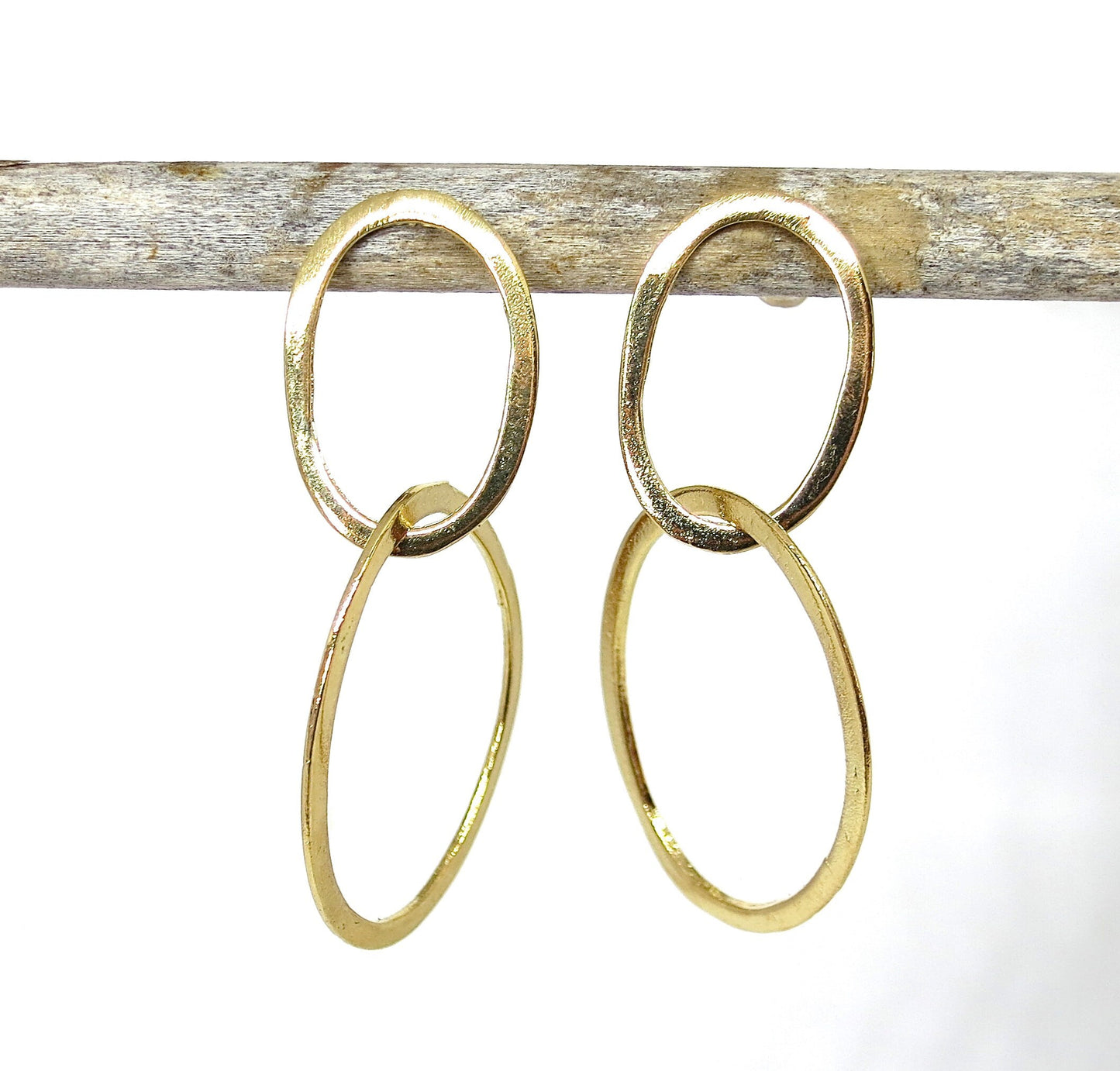 Solid gold 14K double hoop dangle earrings, Stud linked earring
