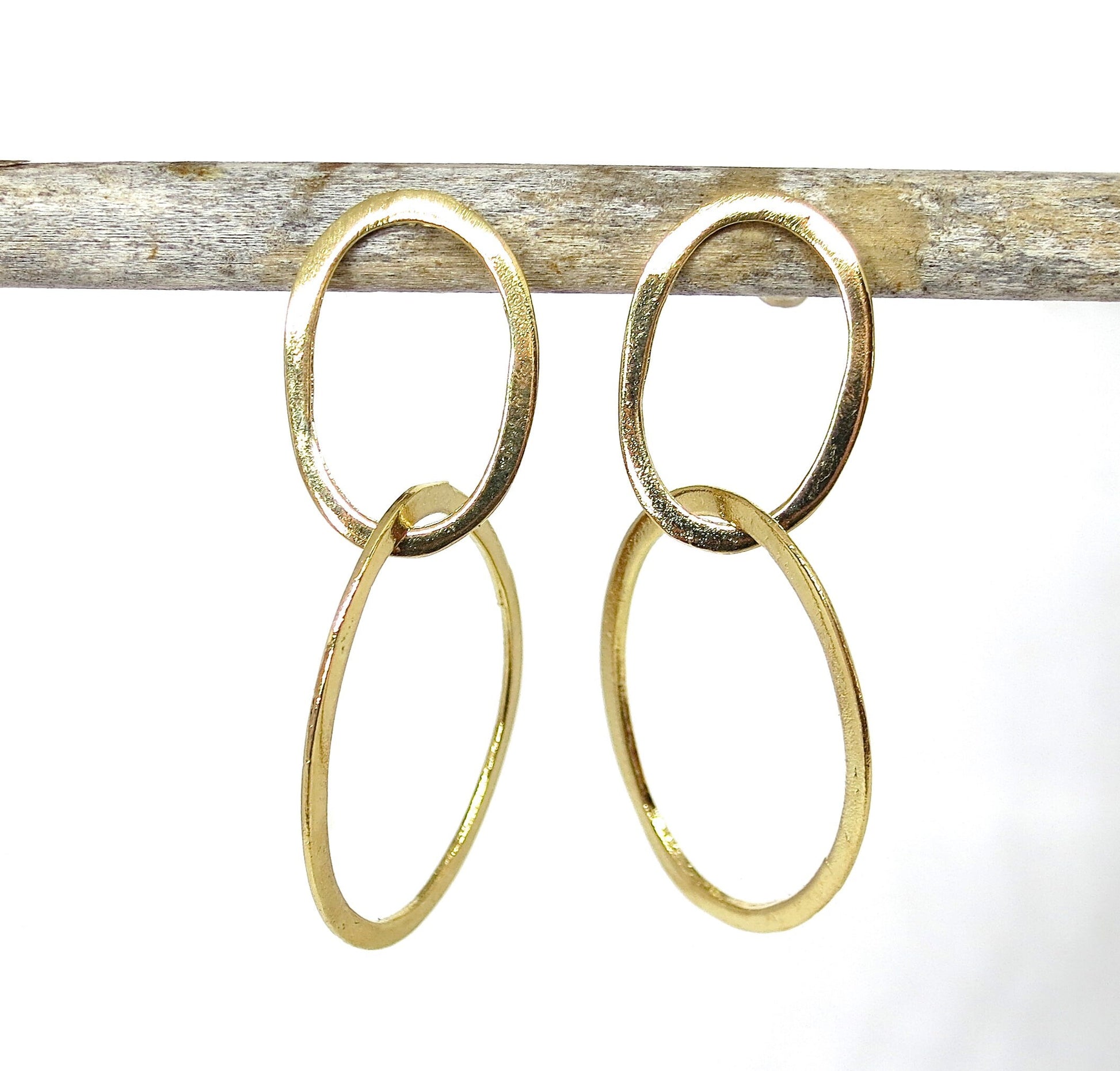 Solid gold 14K double hoop dangle earrings, Stud linked earring
