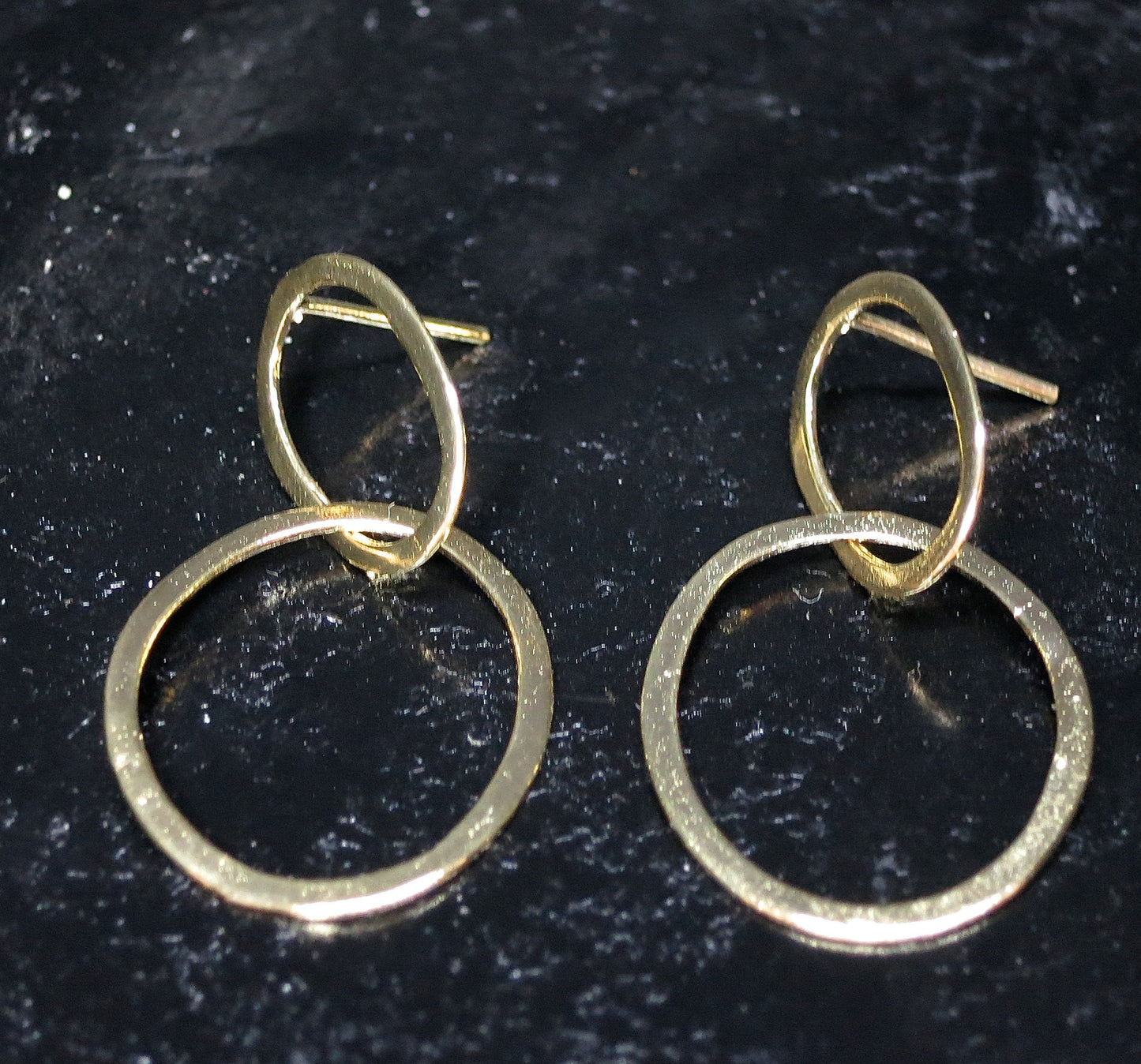 Solid gold 14K double hoop dangle earrings, Stud linked earring