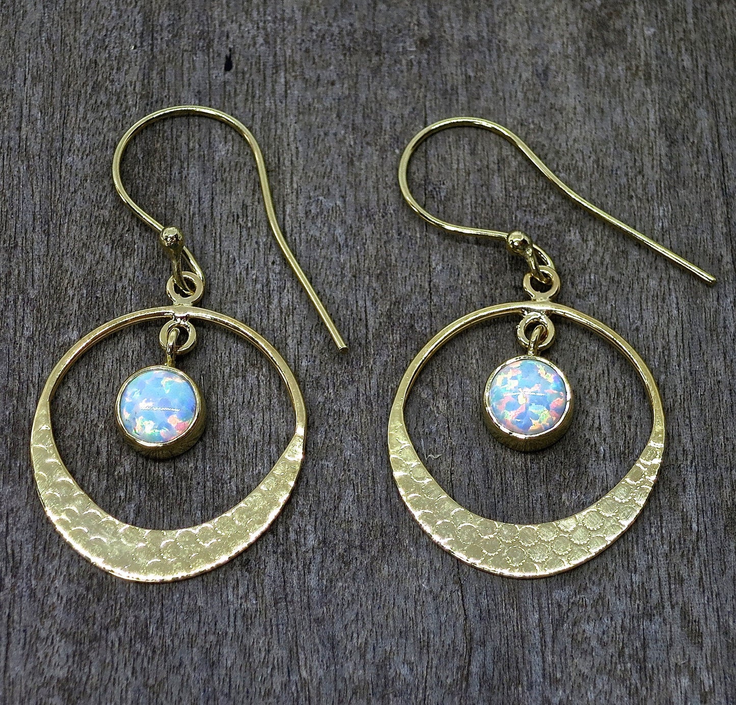 Opal 14k gold dangle hoop earrings, White Opal circle Earrings