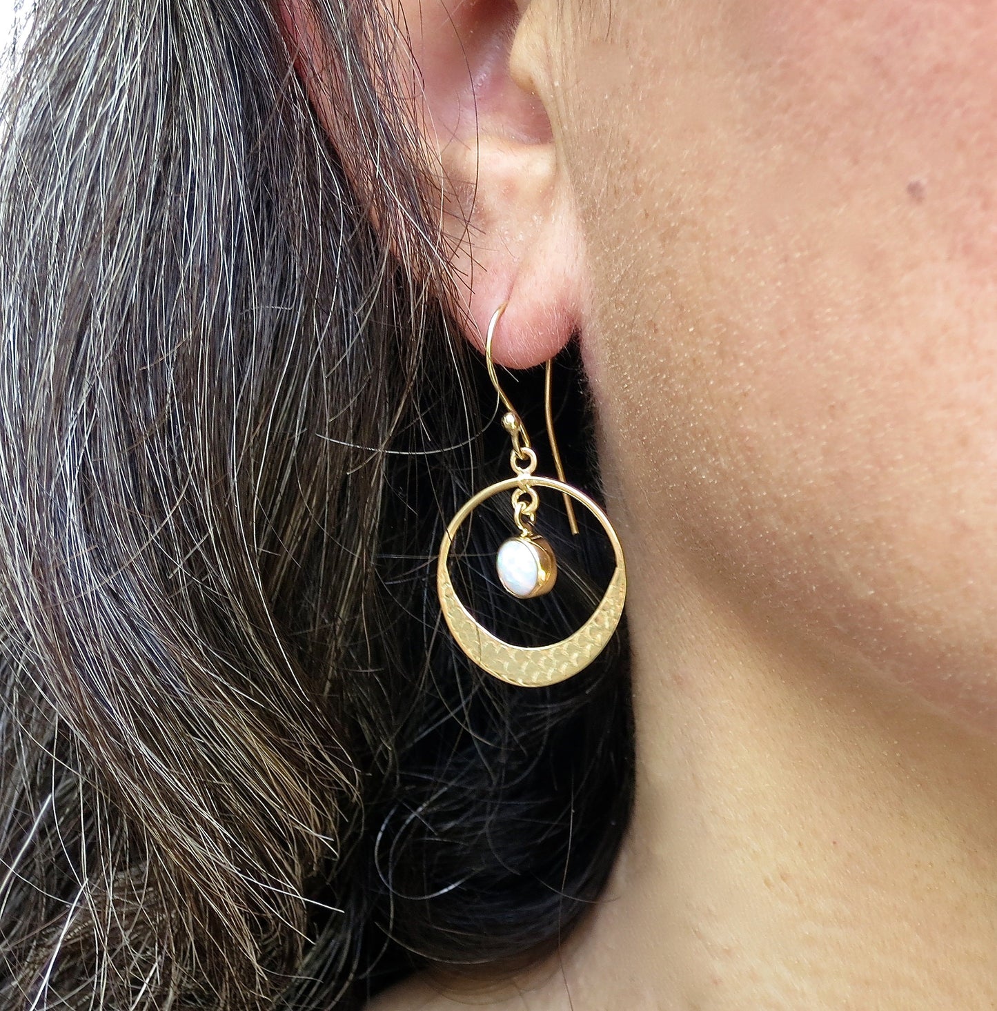 Opal 14k gold dangle hoop earrings, White Opal circle Earrings