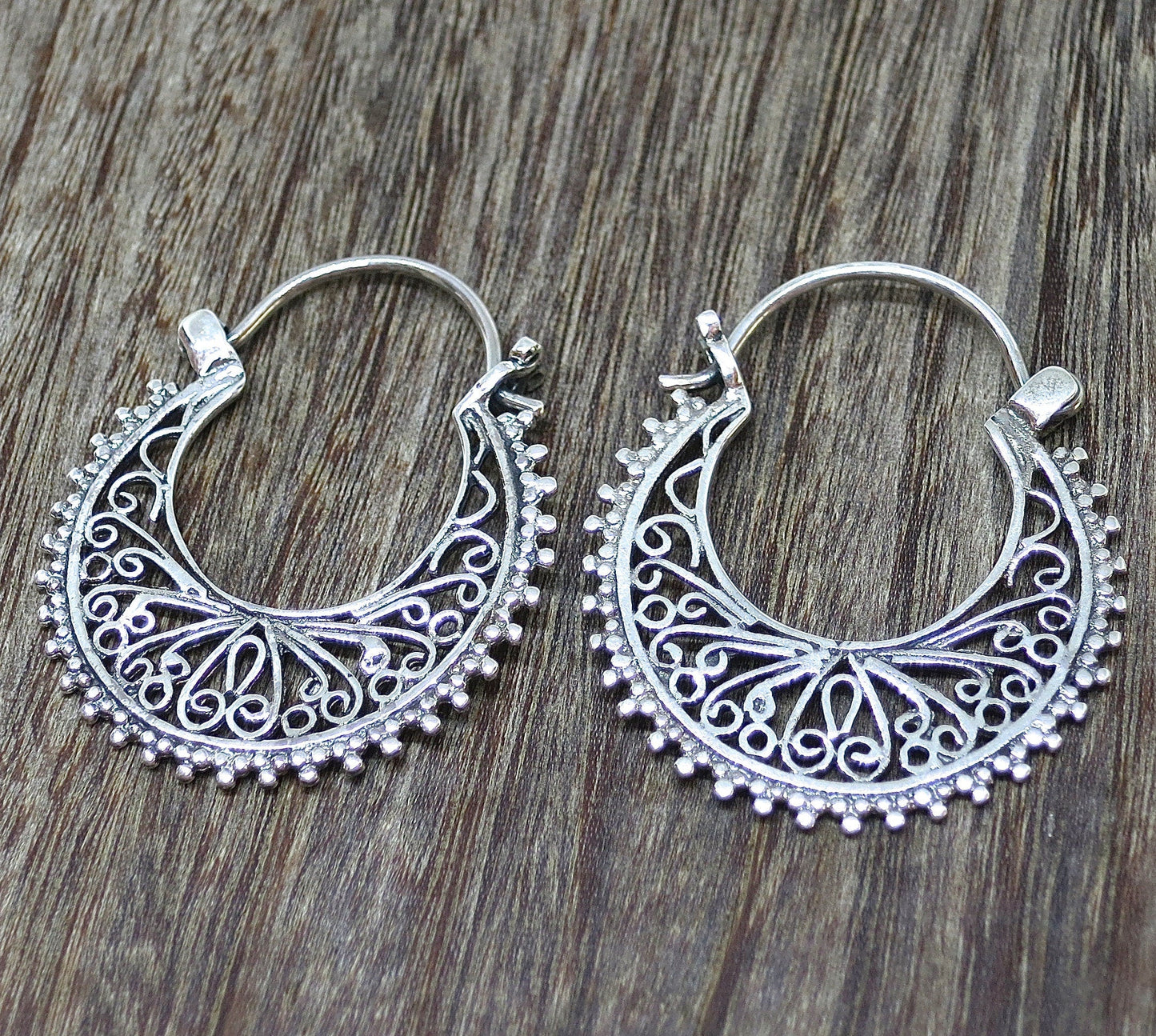 Filigree earrings, Sterling silver 925 hoop earrings