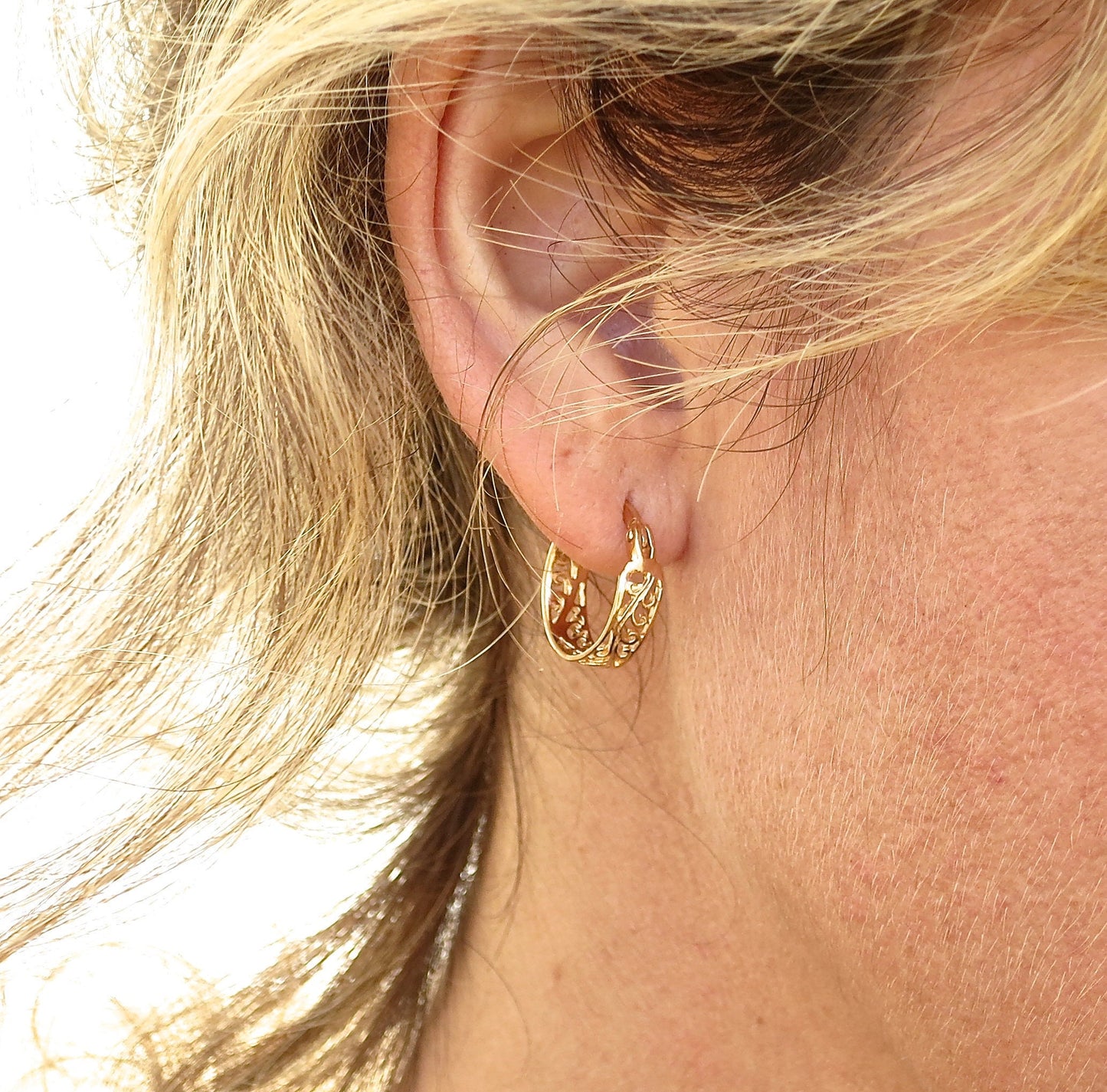 Filigree gold hoop earrings for women, 14K solid gold earrings, Statement gold hoops