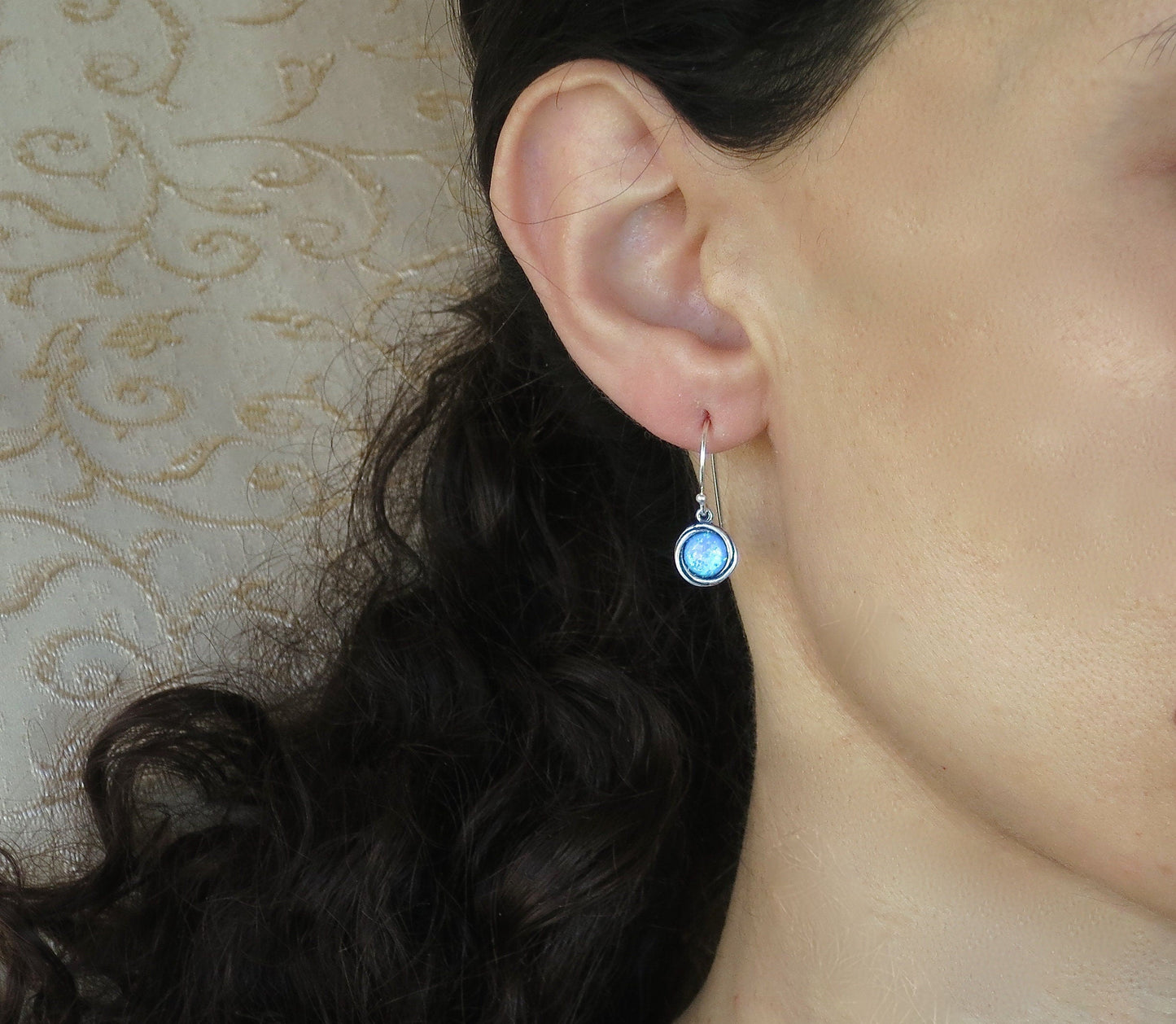 Jade earrings, Sterling silver 925 round stone dangle earrings