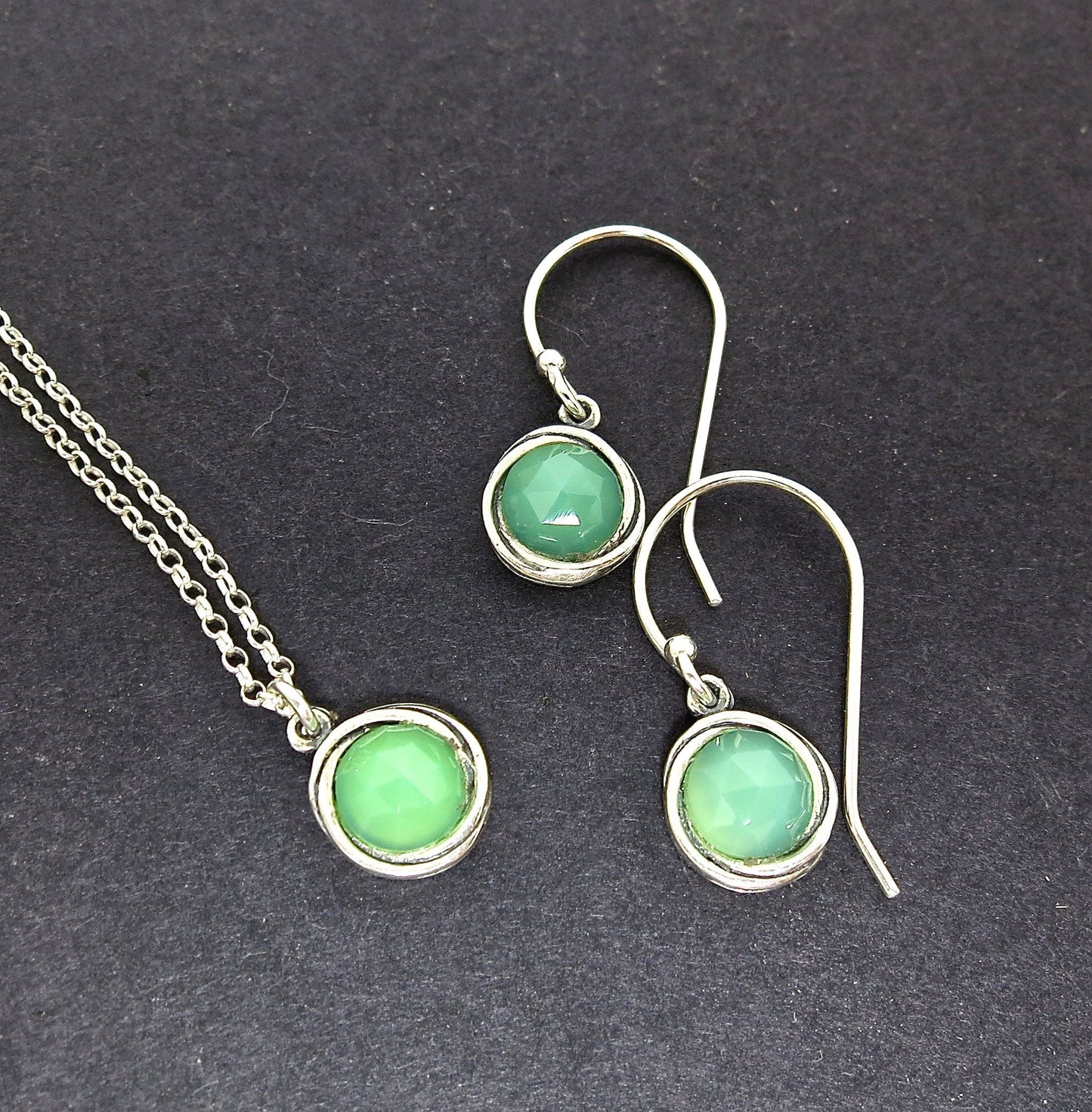 Jade earrings and necklace set, Sterling silver 925 jewelry set, Green stone set earrings and Pendant